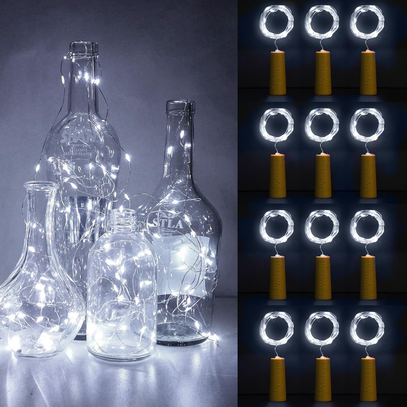 Vicloon Bottle Lights, 12 Pack String Lights Wine Light with Cork, 2M 20 LEDs Copper Wire Battery Operated Cool White Light DIY Decoration for Parties, Wedding, Outdoor