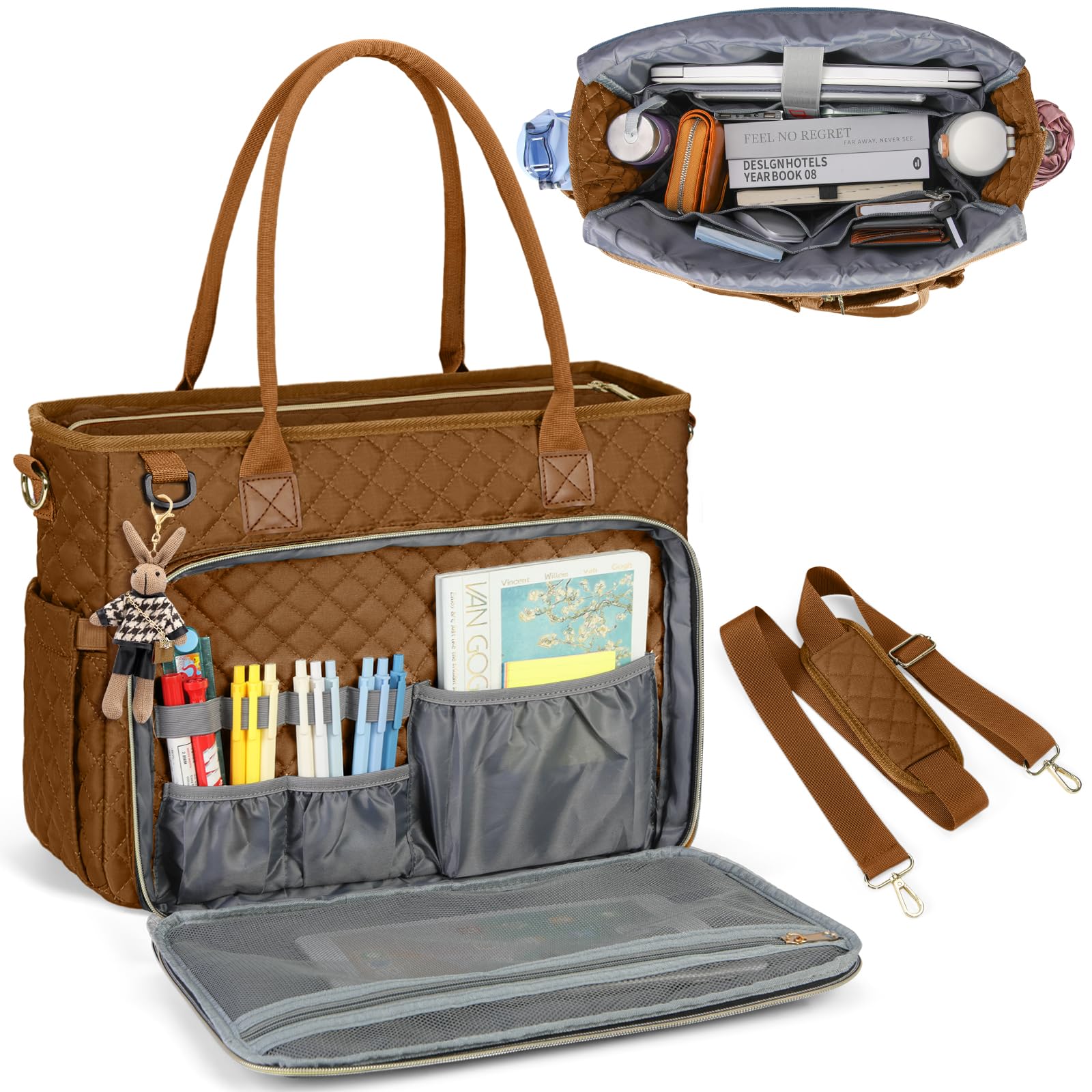 RAINSMORE Teacher Tote Bag 15.6 inch Laptop Bag for Women Work Bags Laptop Tote Nurse Bag Professional Computer Messenger with Insulated Pocket, Laptop Briefcase for Office, College, Nursing, Brown