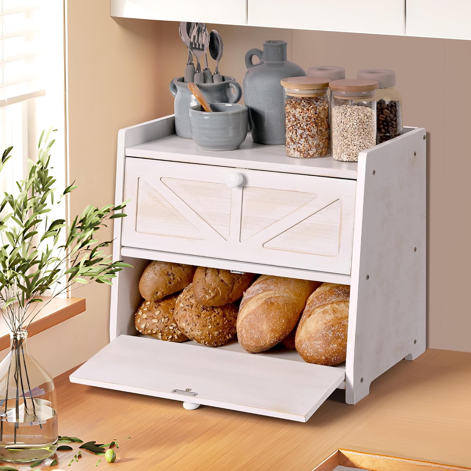 Vintage Double Layer Bread Box for Kitchen Countertop, Bamboo Bread Storage Container, Breadbox for Homemade Bread, Large Capacity Bread Bin(White)