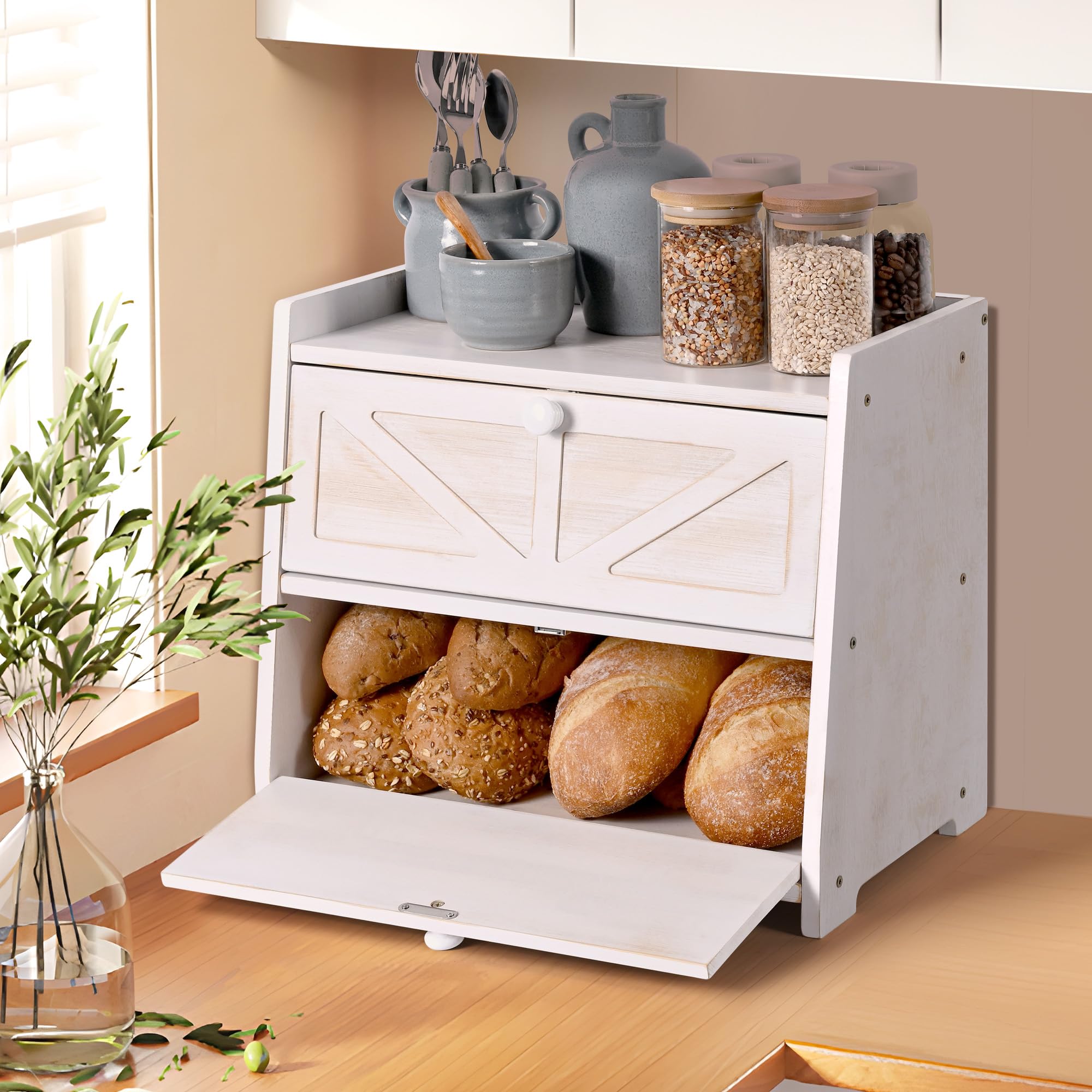 Panera vintage de doble capa para encimera de cocina, contenedor de almacenamiento de pan de bambú de gran capacidad (blanco)