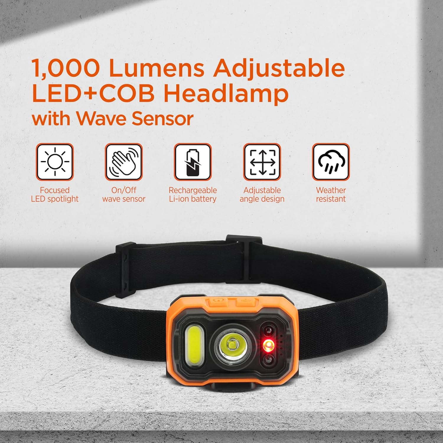 BLACK+DECKER Rechargeable Headlamp with Wave Sensor, Ultra Bright 1,000 Lumens LED Head Light, Adjustable 90° Tilt, 7 Lighting Modes, IP65 Waterproof, Fits Over Helmet, 14 Hour Head Lamp for Camping