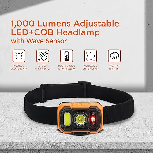 Miniatura 2 de BLACK+DECKER Linterna frontal recargable con sensor de onda, luz LED ultra brillante de 1,000 lúmenes, inclinación ajustable de 90, 7 modos de