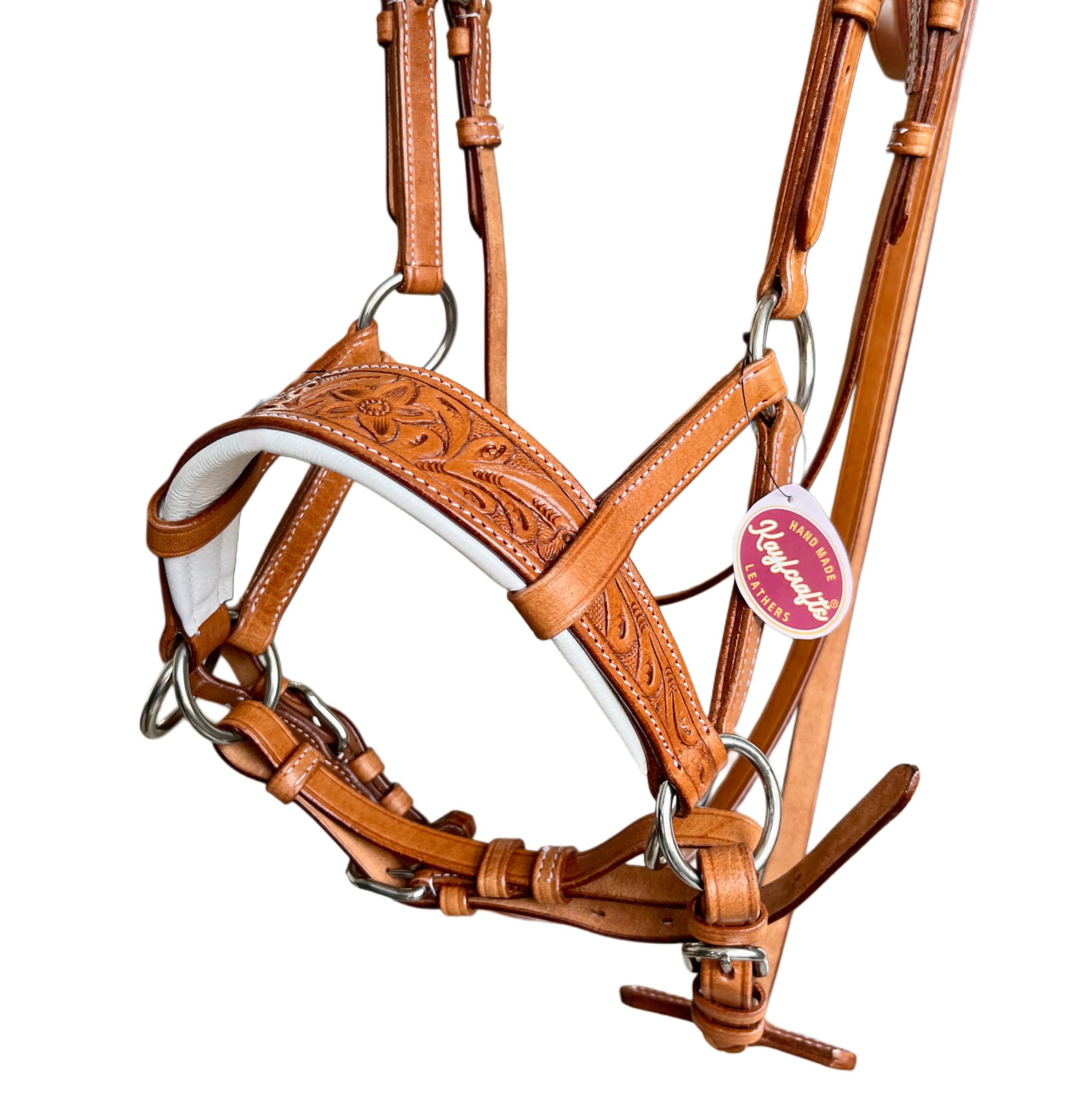Brida lateral de cuero sin puntas con herramientas y tallado florales, acolchado de cuero suave de vaca, brida de tachuelas para caballos