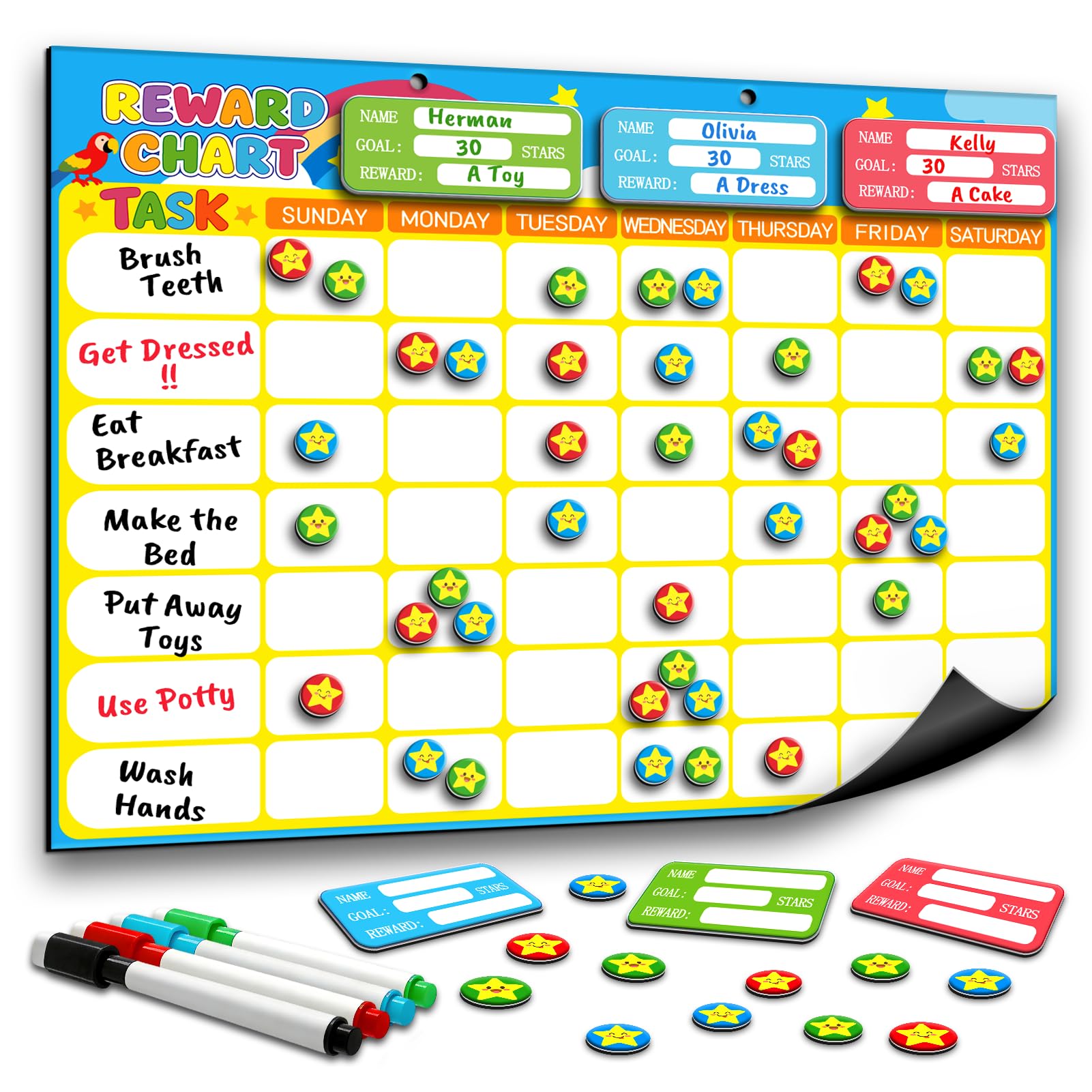 Magnetic Reward Chart for Kids, Customizable Dry Erase Weekly Chore Chart