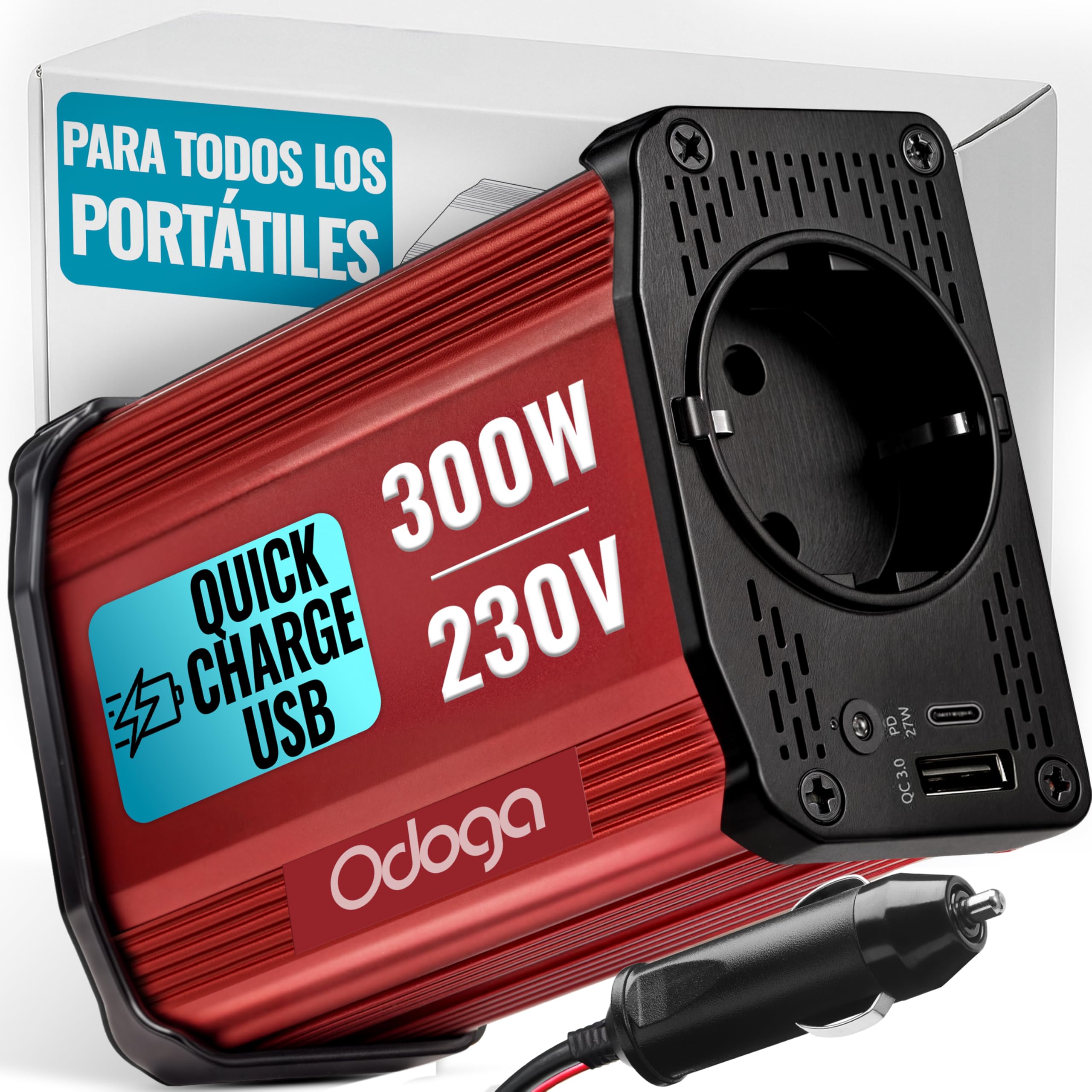 Odoga inversor 12v a 220v 300W para Coche, Convertidor con USB-C y USB-A - Adaptador Mechero Coche a Enchufe - Cargue Sus Dispositivos Electrónicos en Autocaravanas, Camper Furgoneta