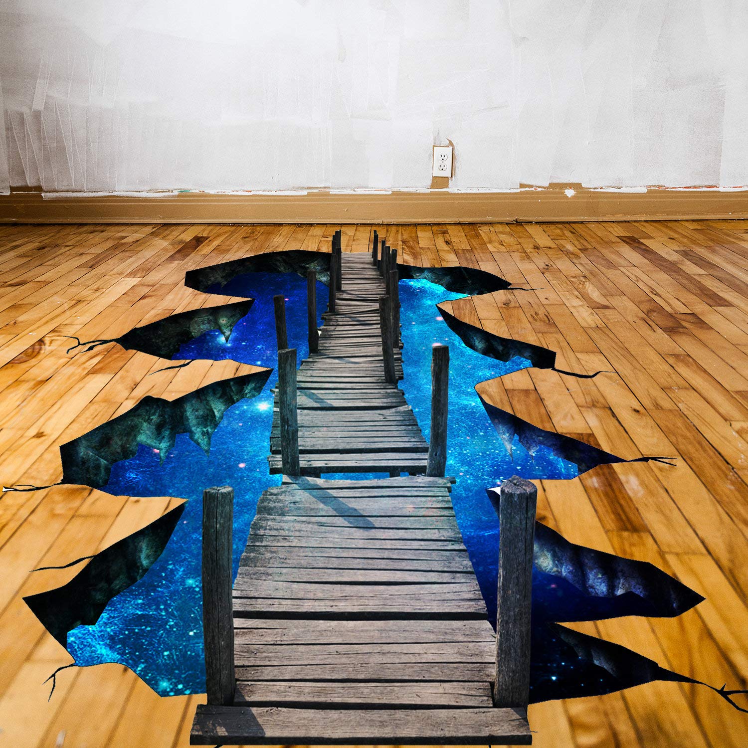 Calcomanía de vinilo para el piso del puente espacial 3D – Baño sala de estar piso galaxia calcomanías de decoración para niños aula calcomanía