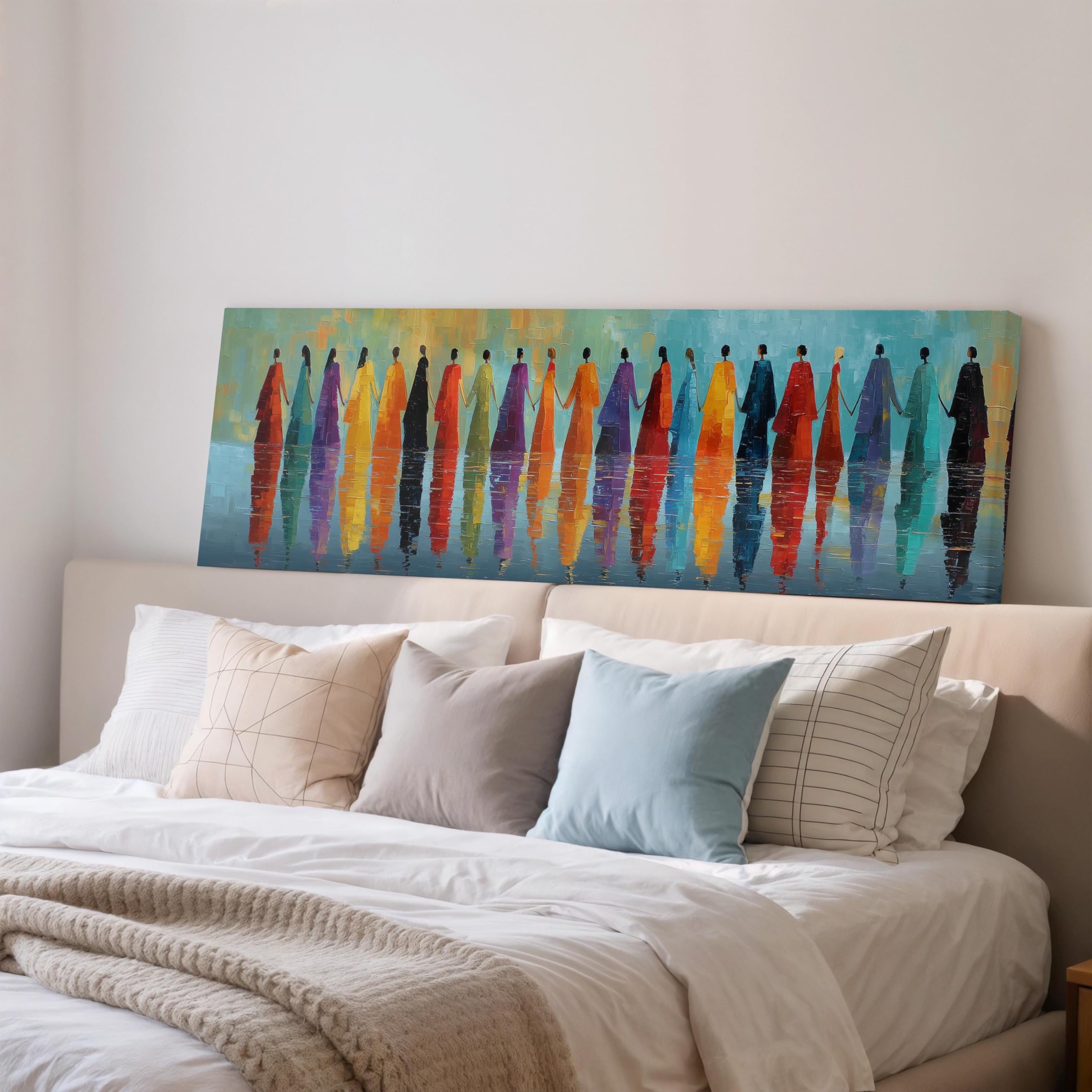 XBTYKPB Colorful Figures Painting, Wide Panoramic Canvas, Long Horizontal Framed Print, Large Stylized Artwork, Living Room Decor(70x210cm/Inner Frame)