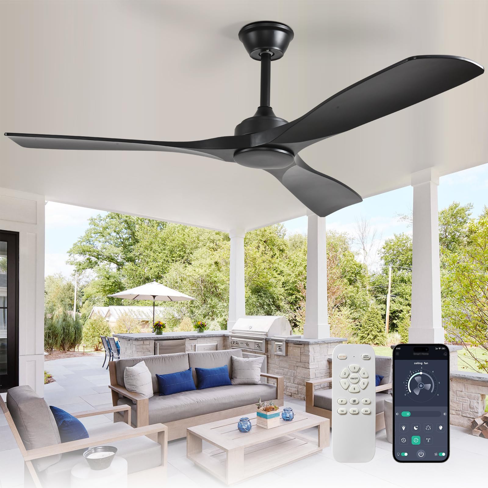 Depuley Ventilador de Techo Sin Luz 52 Pulgadas Exterior con Control Remoto APP para Patio Porche Ventilador Negro Interior 3 Aspas Reversible 6 Velocidades Silencioso