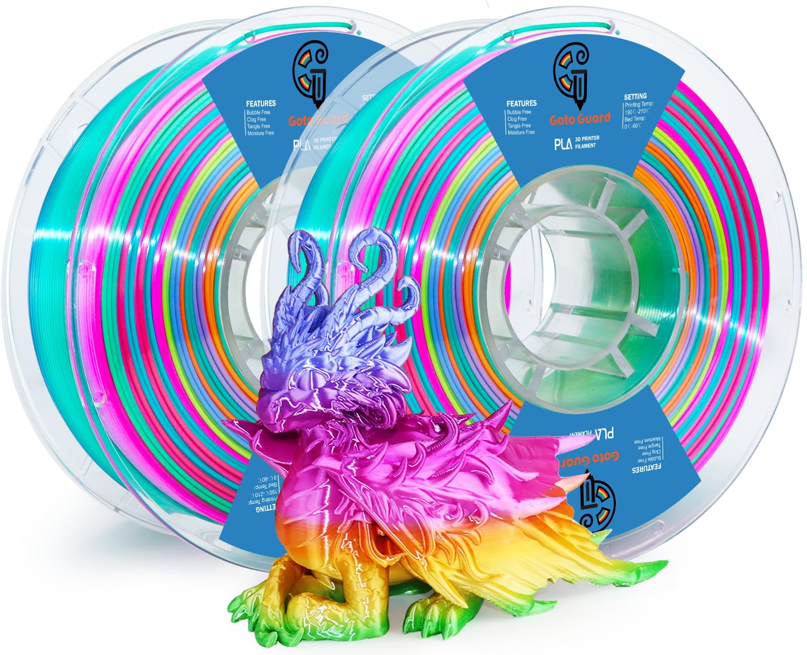 Goto Guard Silk PLA Multicolor Filament Bundle 2KG, Silk Rainbow PLA Filament Color Changing with Green Blue Purple Pink Yellow, Gradient 3D Printing