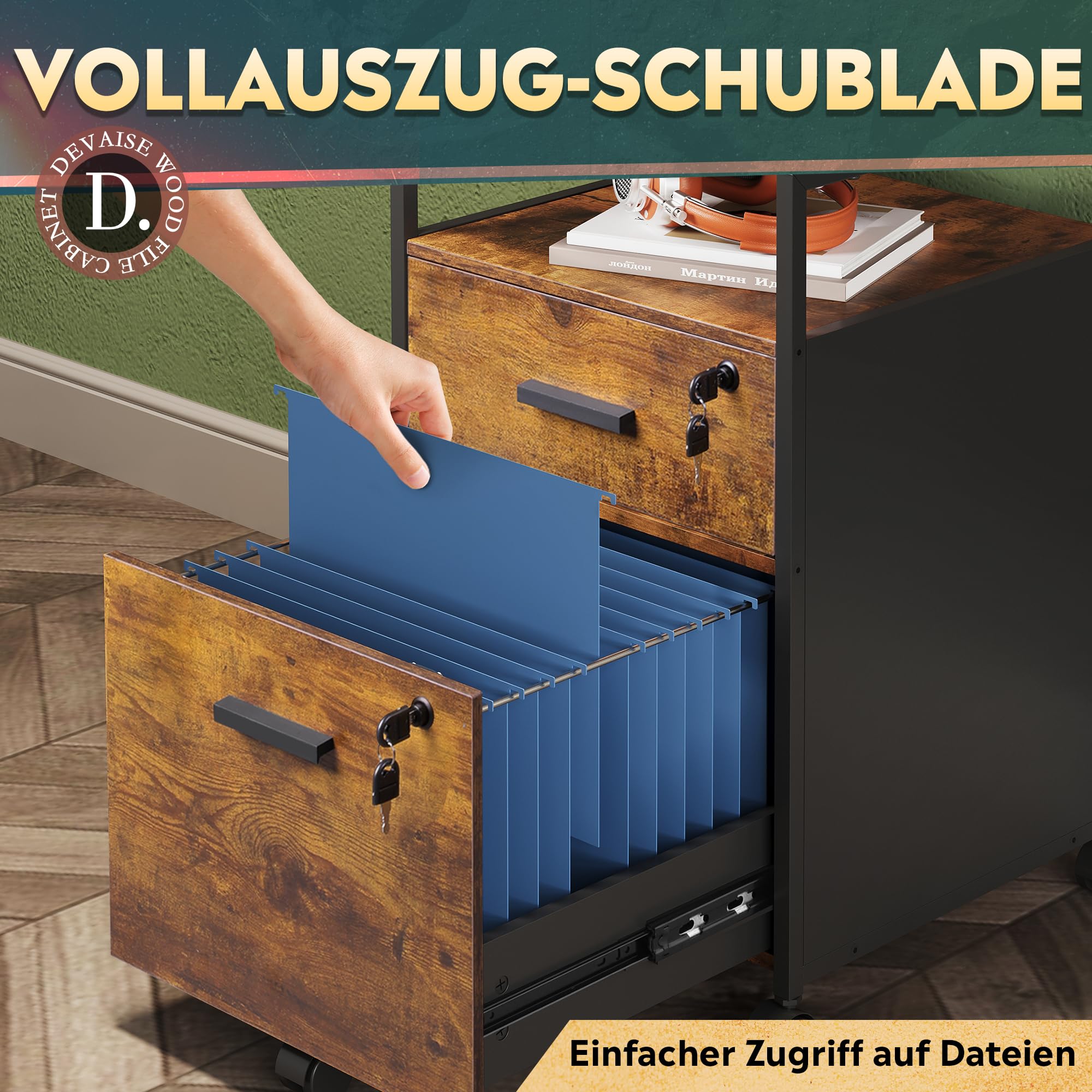 DEVAISE Rollcontainer mit 2 Schubladen und offenen Ablagen, Mobiler Aktenschrank mit Rollen, Druckertisch für DIN A4/Legal/Letter, Schubladenschrank für Büro und Home Office, Retro Braun