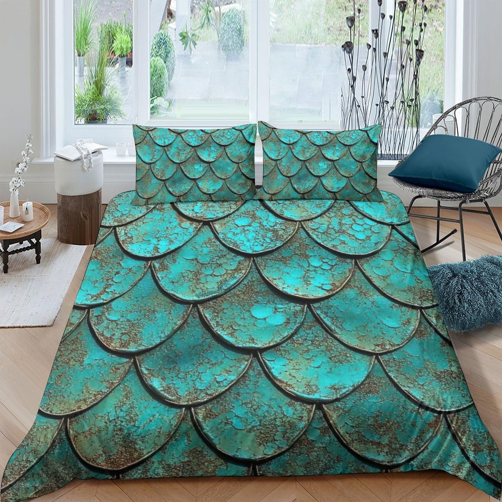 TUFRTGYHN 3D Printed Turquoise Mermaid Scale Duvet Cover Microfiber Soft Breathable Rustic Ocean Bedding Set with 2 Pillowcases for Bedroom Decor Single（135x200cm）