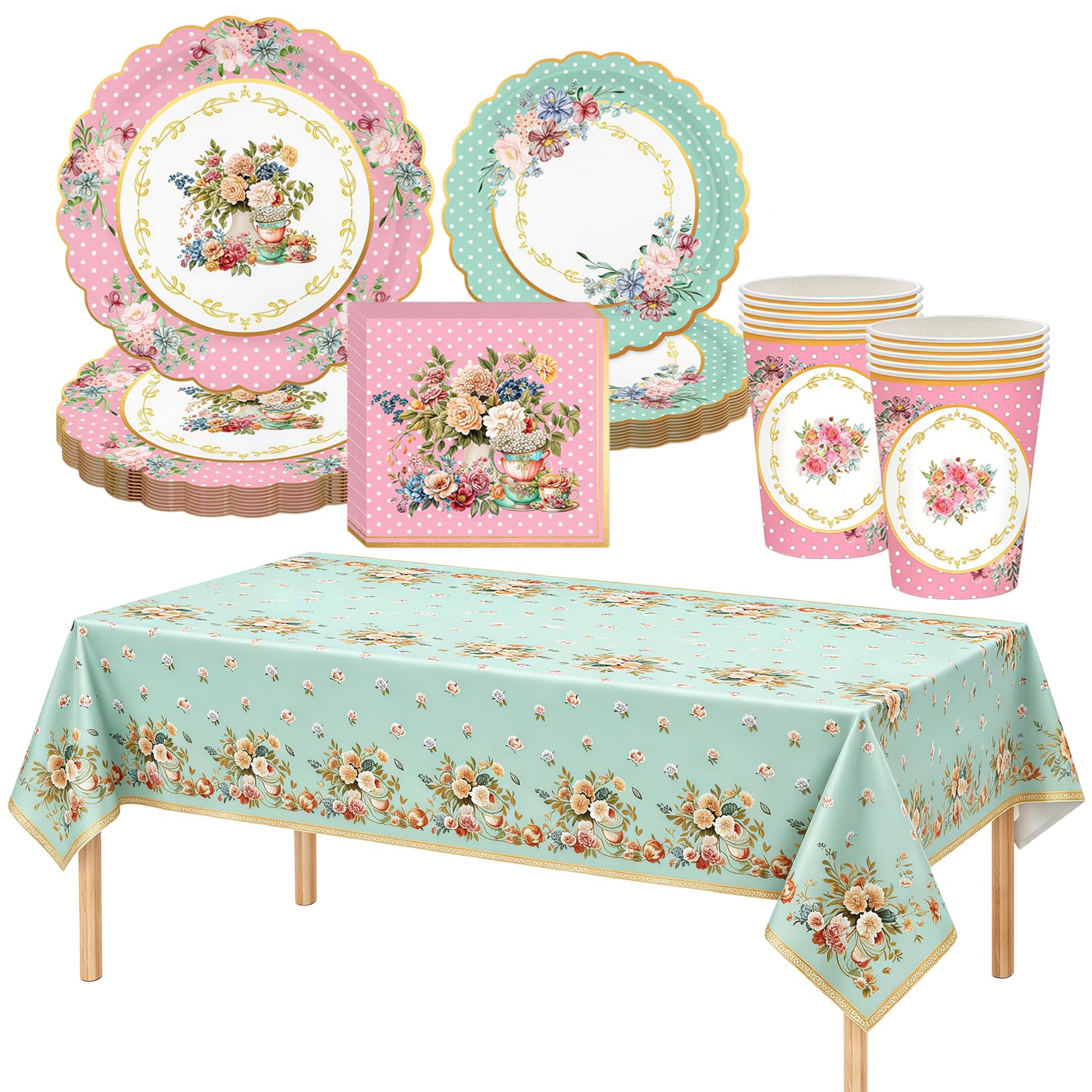 41 Pcs Afternoon Tea Party Tableware Set for 10 Guests, Floral Paper Plates Cups Napkins and Tablecloth, Vintage Tea Party Decorations for Birthday Bridal Shower Baby Shower Garden Party — image 1