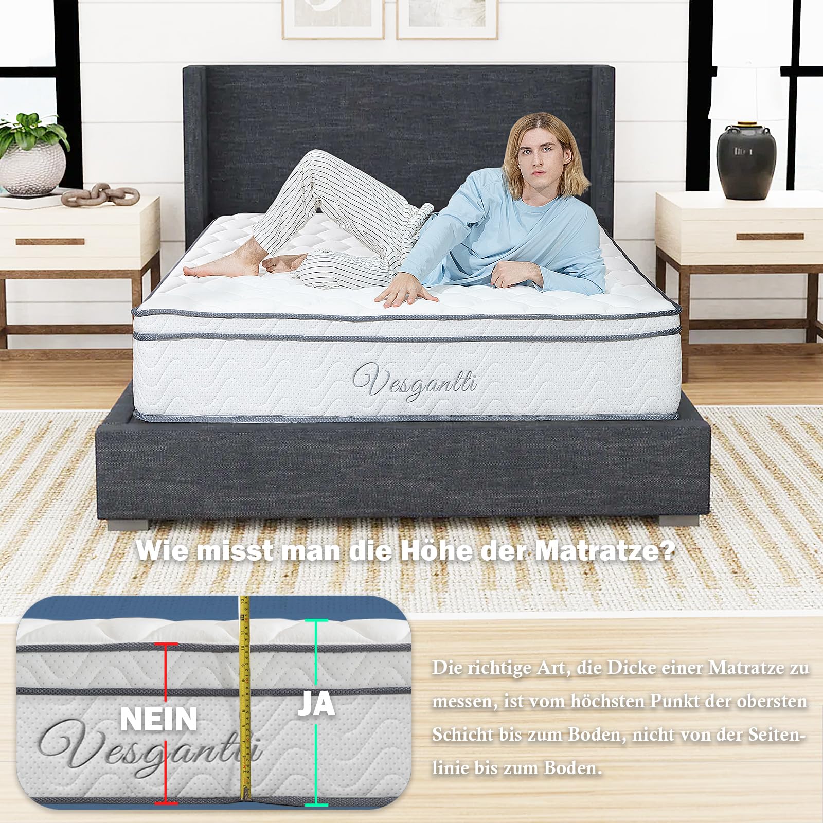 Vesgantti Colchón de 30 cm de Altura, H3, 7 Zonas, 90 x 200 cm, colchón ortopédico de Espuma fría de Resistencia Media, Certificado Öko-Tex, colchón clásico BoxTop