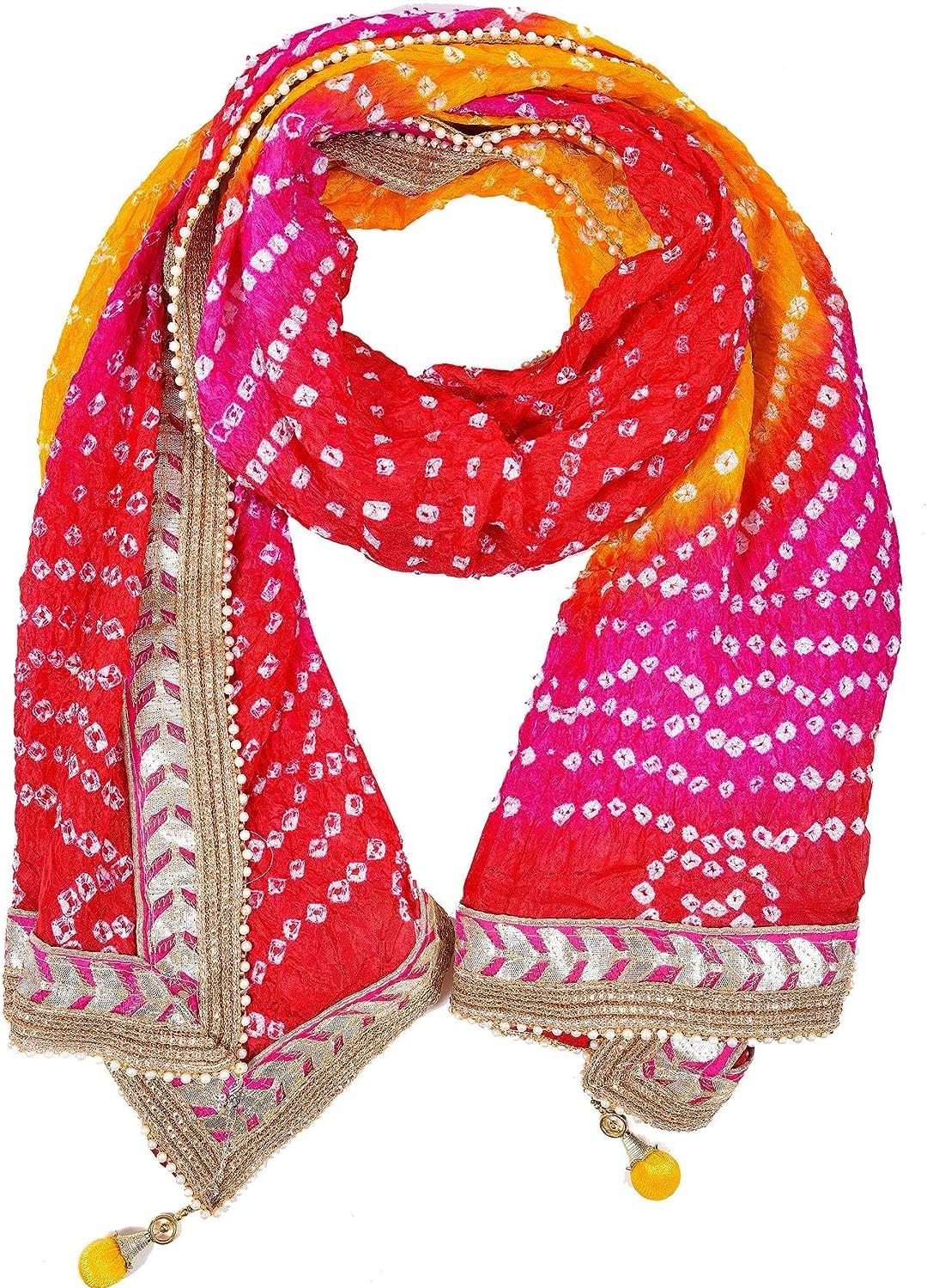 TreegoArt Women's Silk Jaipuri Rajasthani Bandhani Bandhej Heavy Dupatta with Gota Work and Latkan