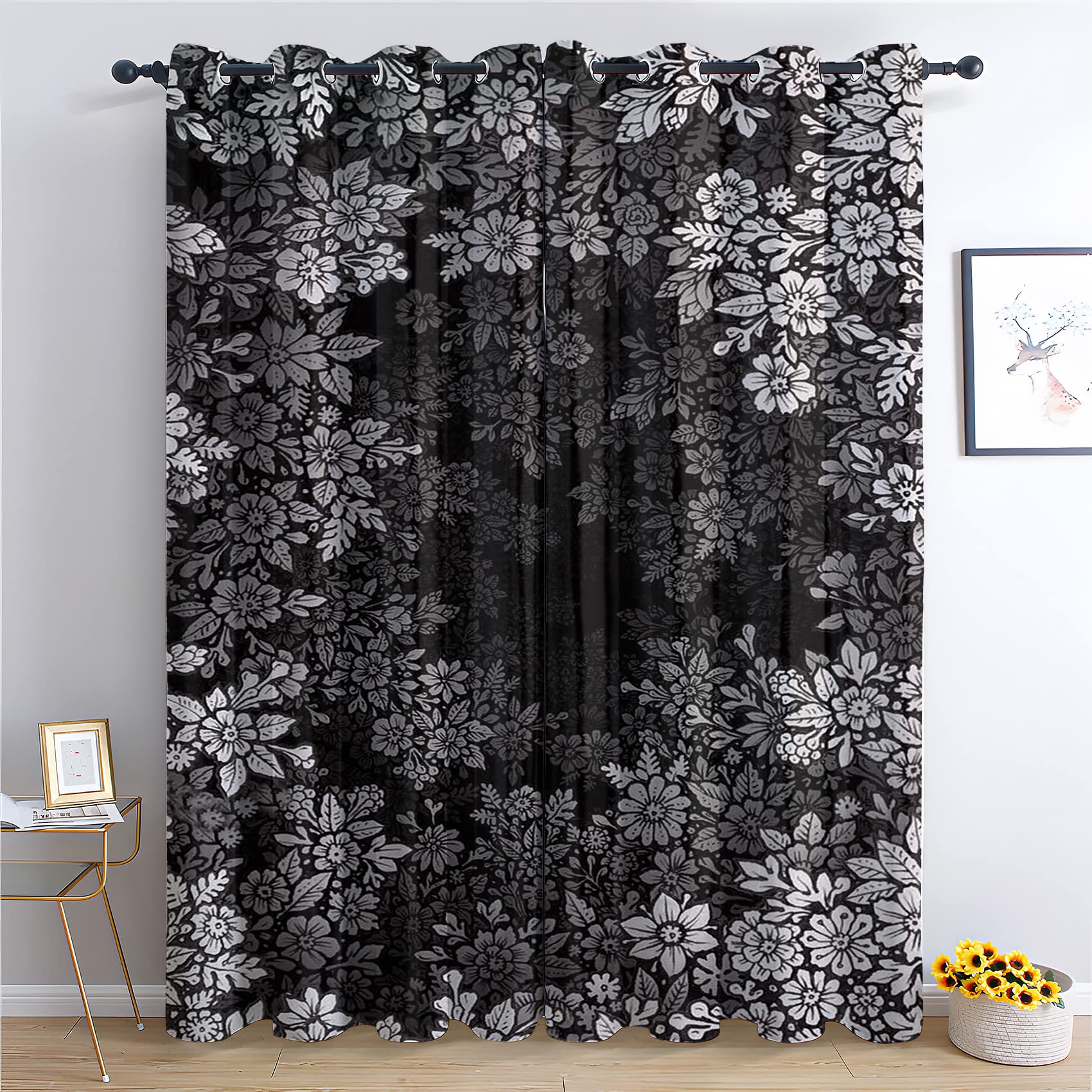 WQIZXCW Floral Curtains, Flower Blackout Curtains for Bedroom Living Room, Thermal Eyelet Curtains, 72 Drop Patterned Window Treatments, 66x72 Inch (W X L), 2 Panels - Black & White