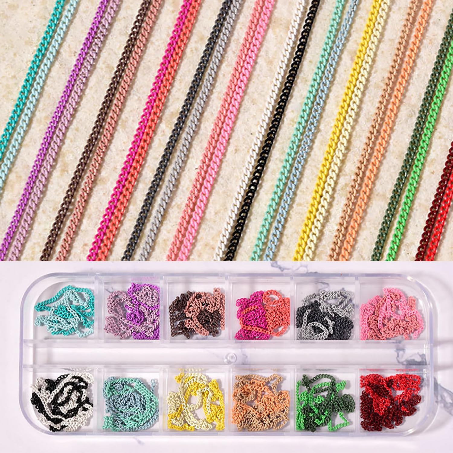 24 Strips Multicolor Nail Chains, 1 Box 24 Colors Flat Metal Chain Nail Charms, Assorted Rainbow Color Punk Gothic Nail Jewelry for Women DIY Manicure Accessories Nail Art Supplies image 2