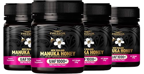 FREZZOR Miel de Manuka cruda prémium de Nueva Zelanda con UAF1000+ Perfect Daily Wellness Ritual, Superfood, 4 frascos (8.8 oz/250 g por frasco)
