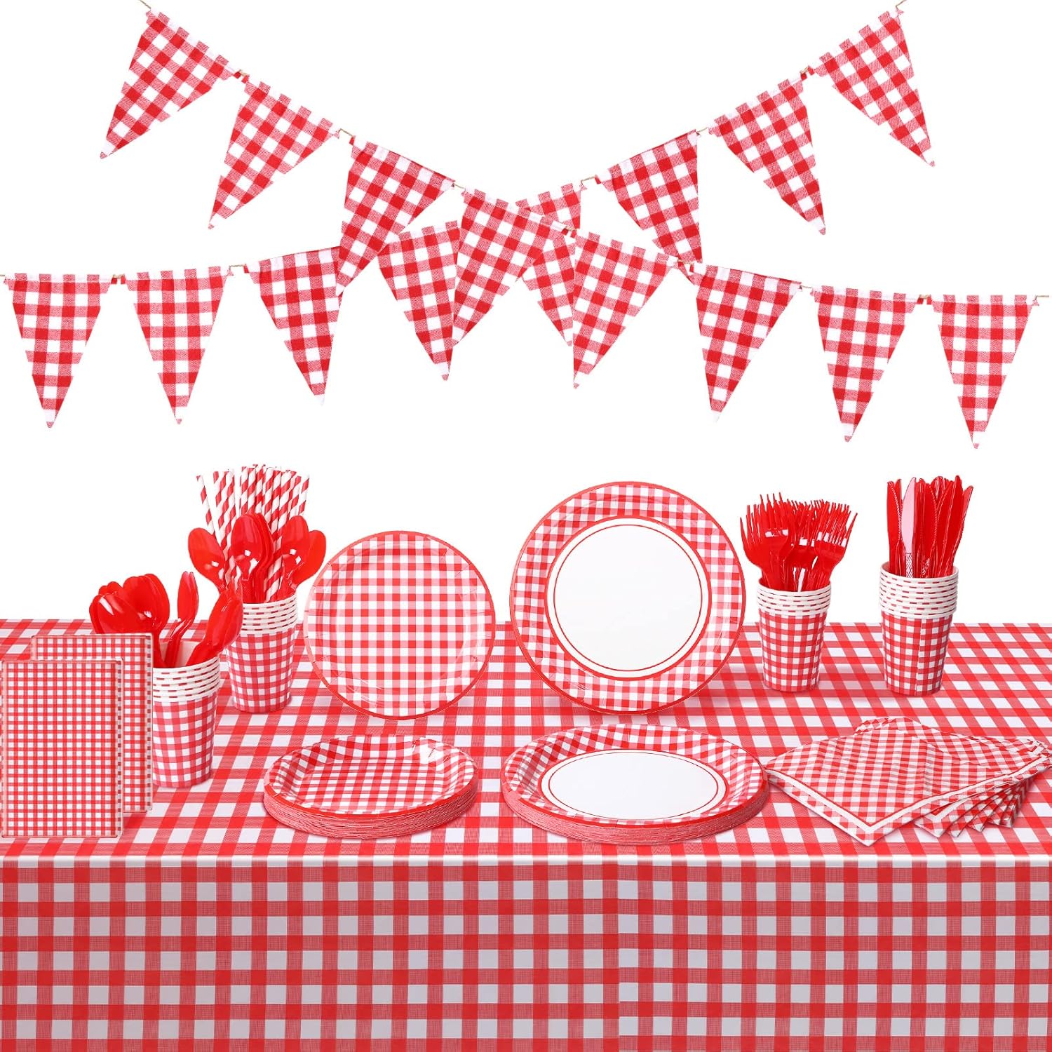 205 Pcs Party Supplies for 25 Guest Checkered Plaid Tablecloth Pennant Banner Plate Cup Napkin Cutlery and Straw for Birthday Family Dinner Picnic BBQ Birthday Party Decoration(Red and White)