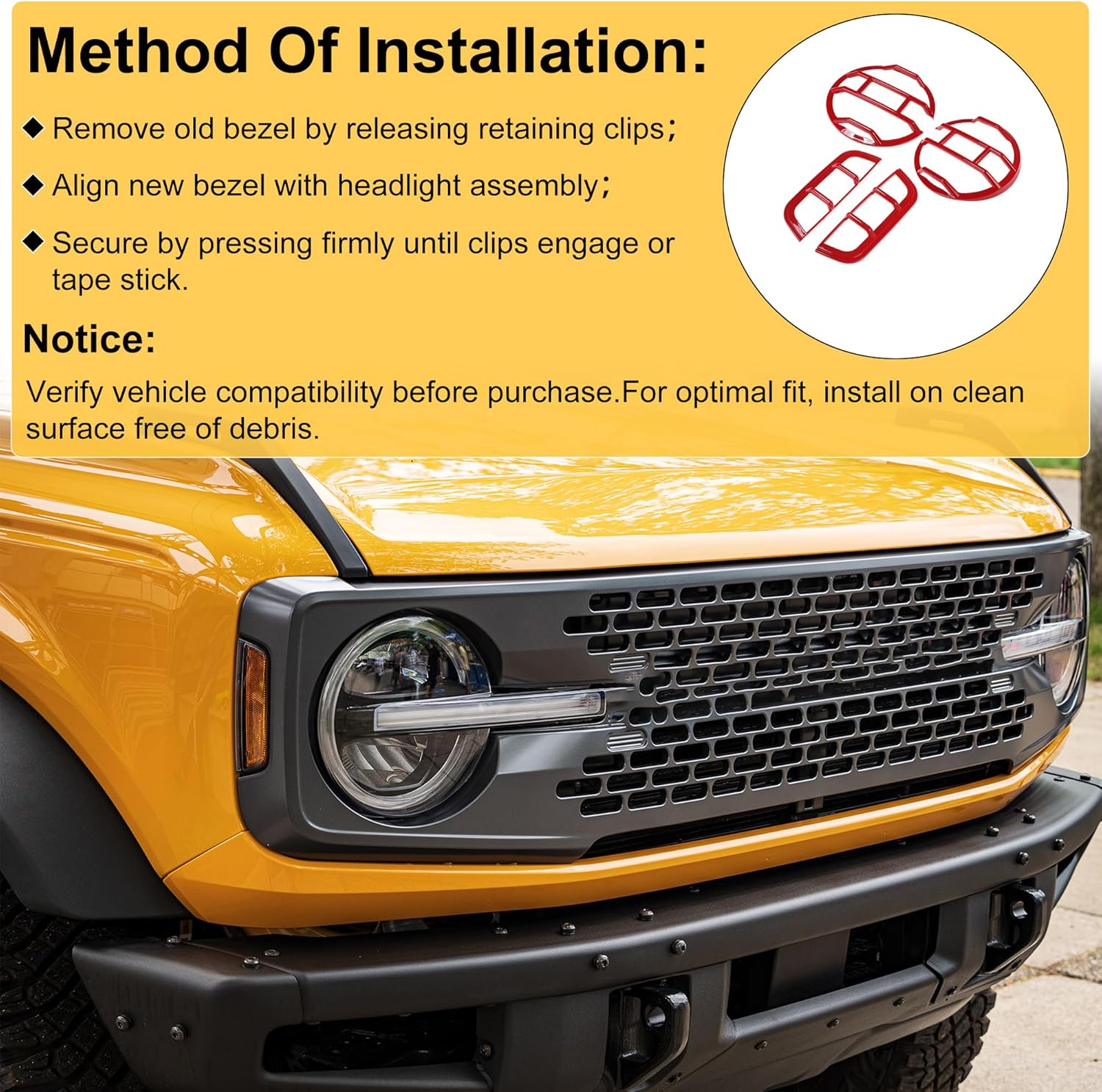 ACROPIX Front Left Front Right Headlight Trim Bezel for Ford Bronco 2021-2023 Headlamp Bezel Headlight Cover Decor Red 2 Set
