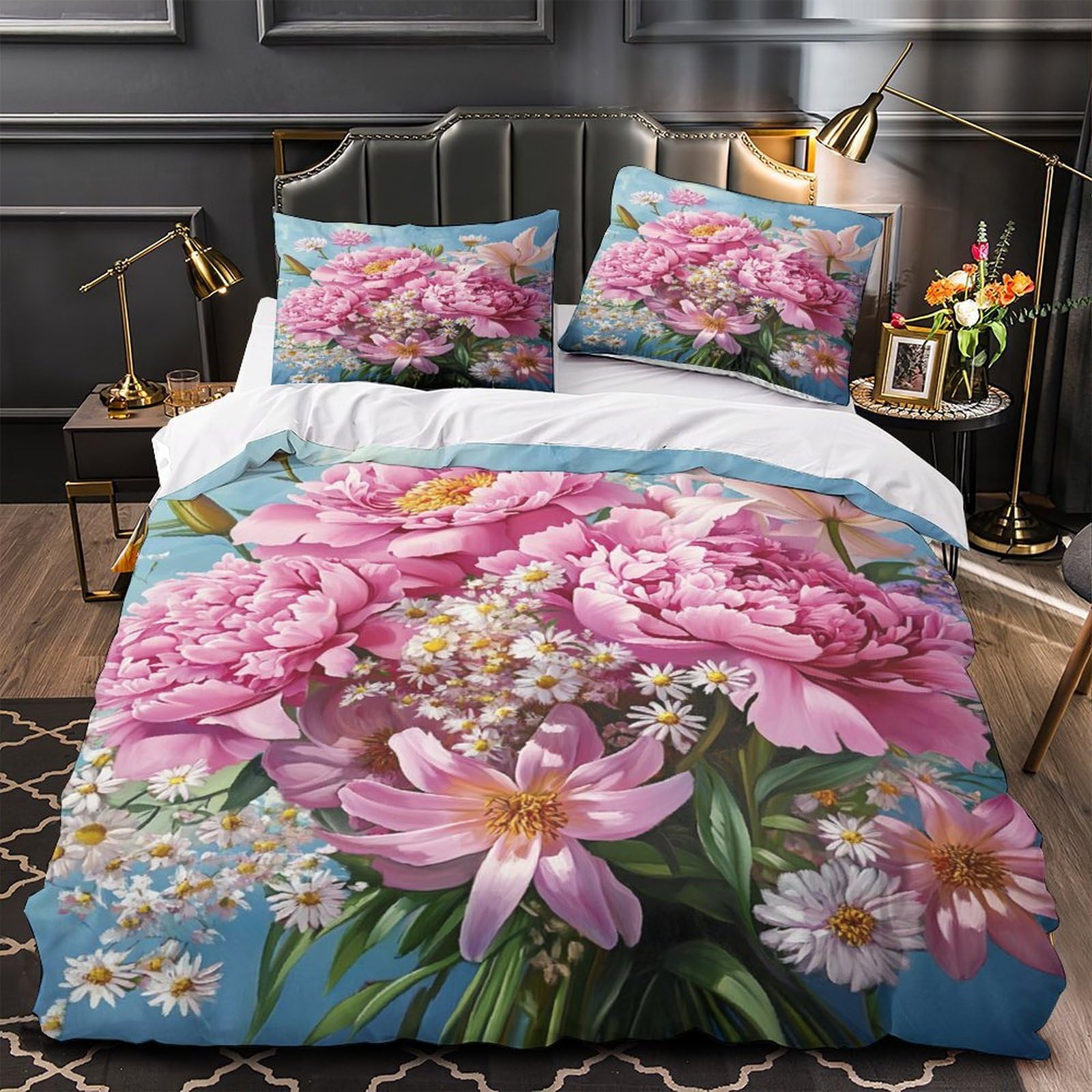 Housse de couette pivoines roses 220x240 drap de couette microfibre 3 pièces
