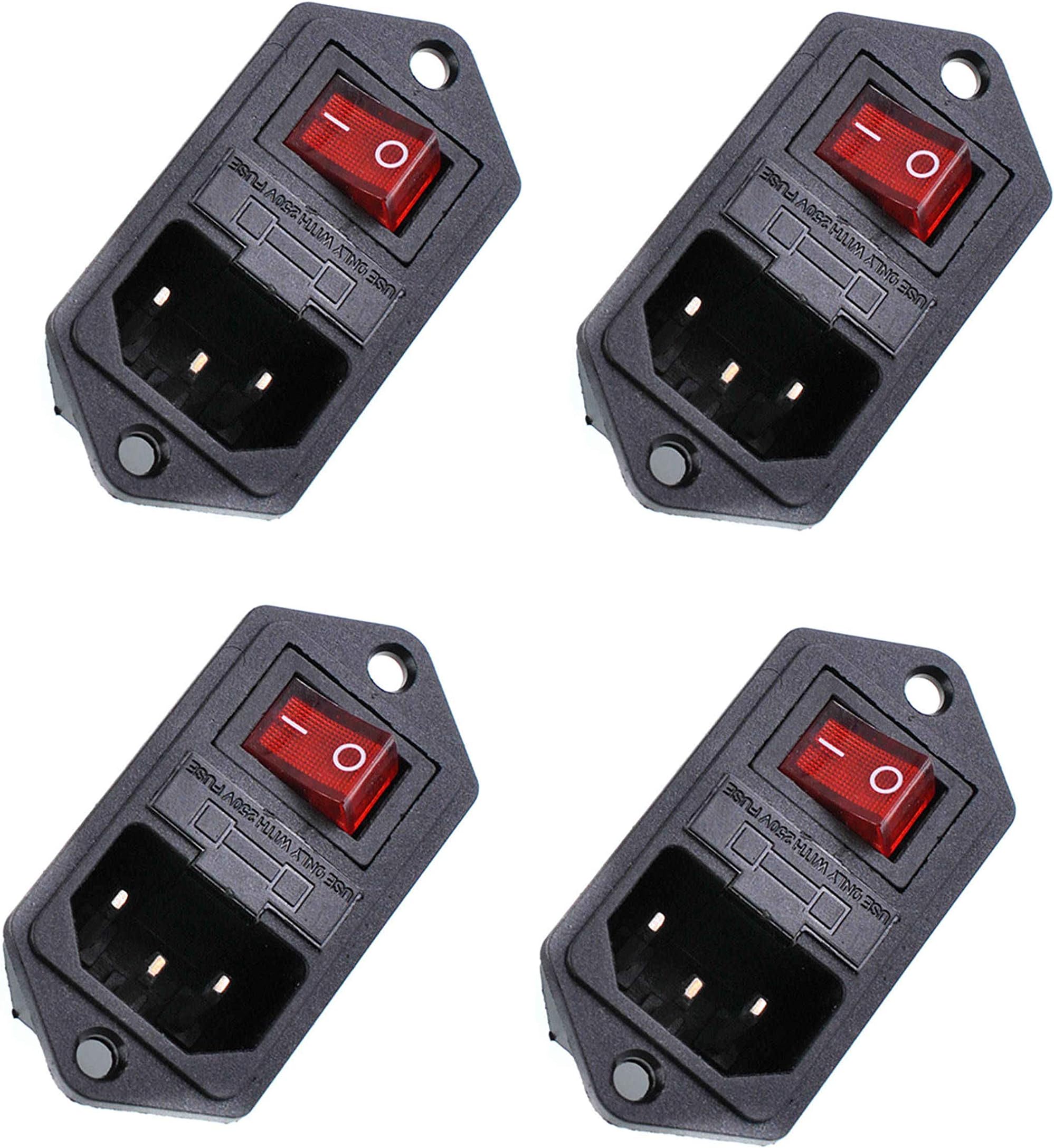 4-Pack IEC320 C14 Power Inlet Module with Rocker Switch, Fuse Holder, Red Indicator, 10A 250V Inlet Socket & 6A 250V Switch, Panel Mount Connector for DIY Projects
