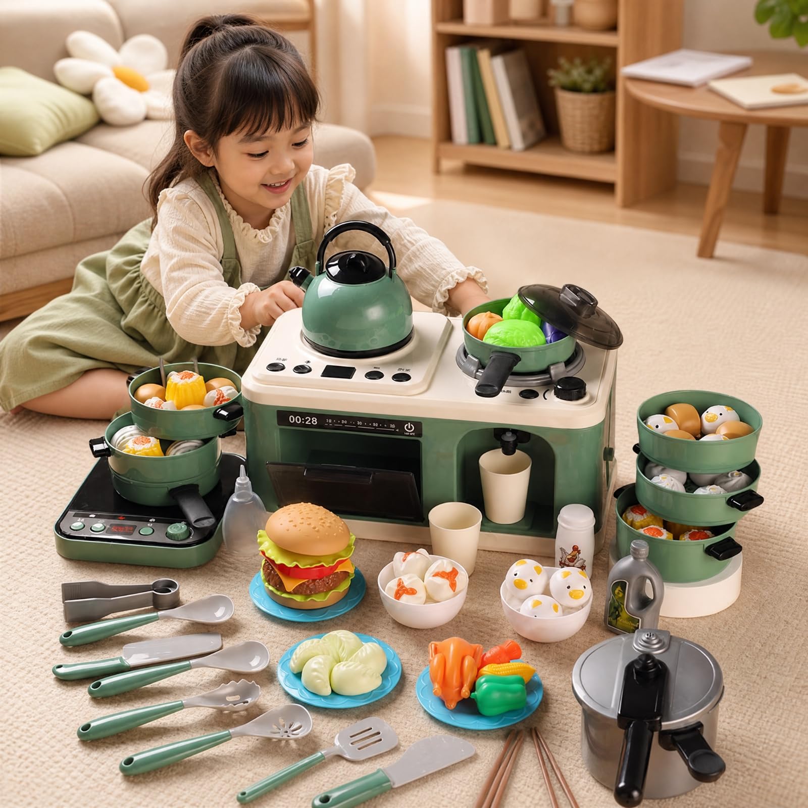harayaa 49 Pezzi Giocattolo con Accessori Interattivo Set da Giocattolo con Pentole Colorato per Area Giochi, Verde