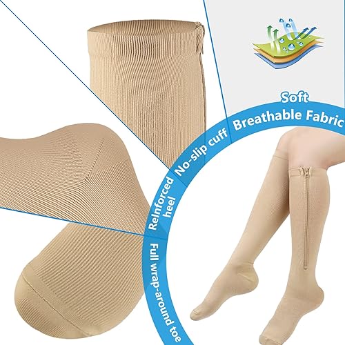 Miniatura 18 de Calcetines de compresión con cremallera, 2 pares de medias de compresión de punta cerrada de 15-20 mmHg para hombres y mujeres Beige,Beige Negro