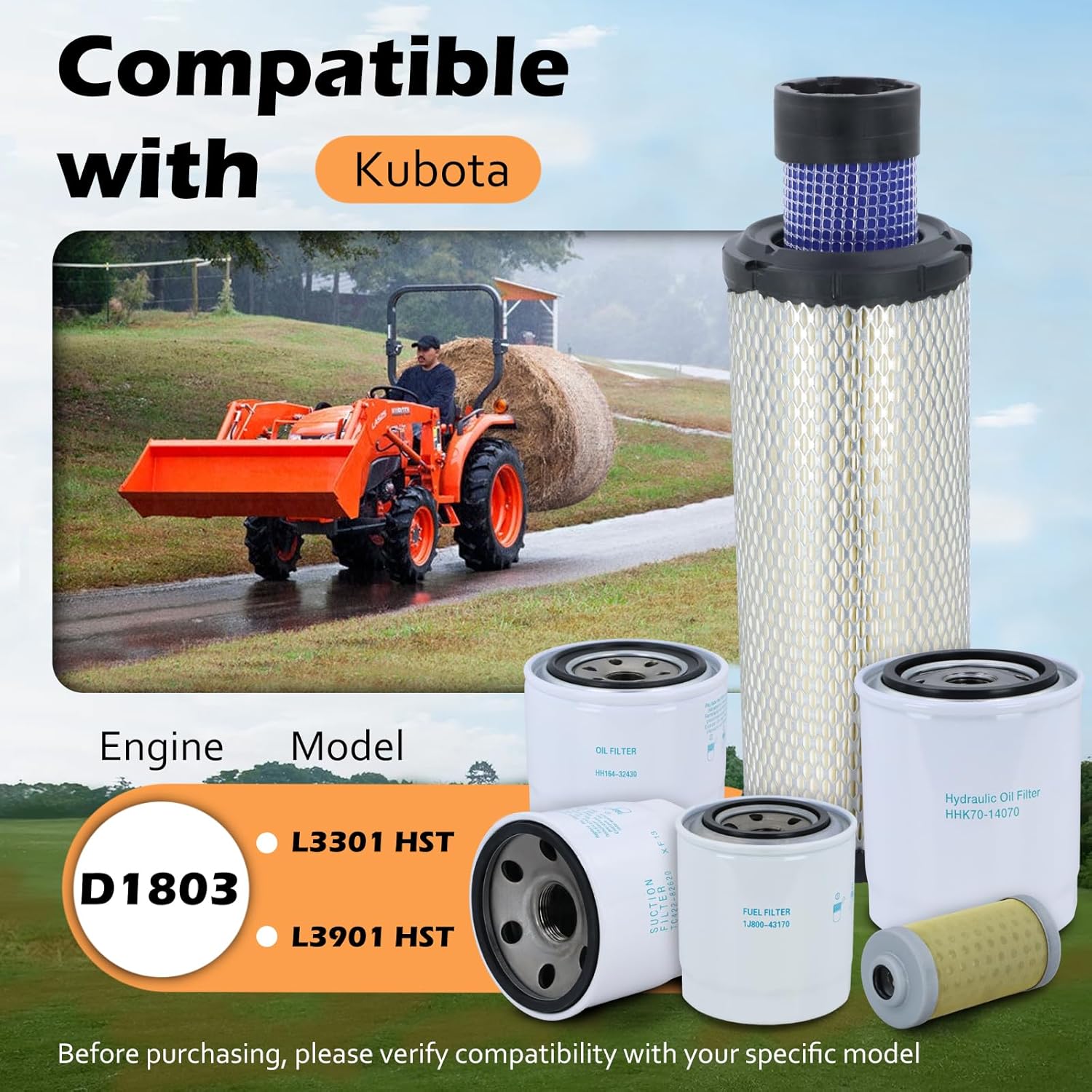 Maintenance Service Filter Kit Compatible with Kubota L3301 HST & L3901 HST with D1803 Engine Replaces# TC620-93230 HH164-32430 TC422-82620 1J800-43170 1G311-43380 HHK70-14070