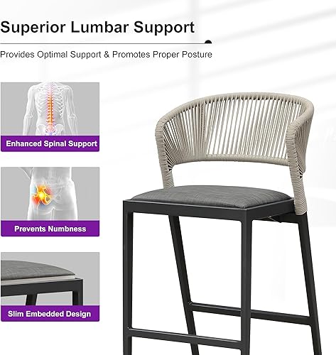 Miniatura 4 de PURPLE LEAF Juego de 2 taburetes de bar de altura de mostrador de aluminio moderno de mimbre de ratán con respaldo y cojín para cocina, césped,