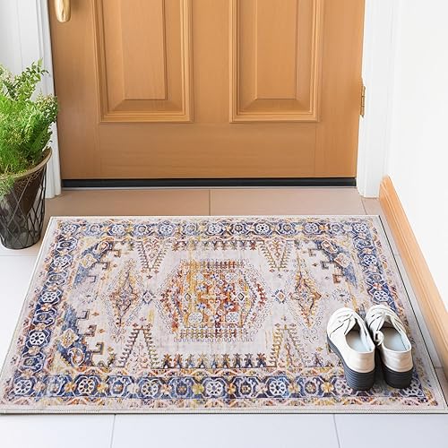 Miniatura 5 de Alfombra de área lavable a máquina, medallón vintage ultrafina con respaldo antideslizante para entrada frontal interior, cocina, baño, sala de