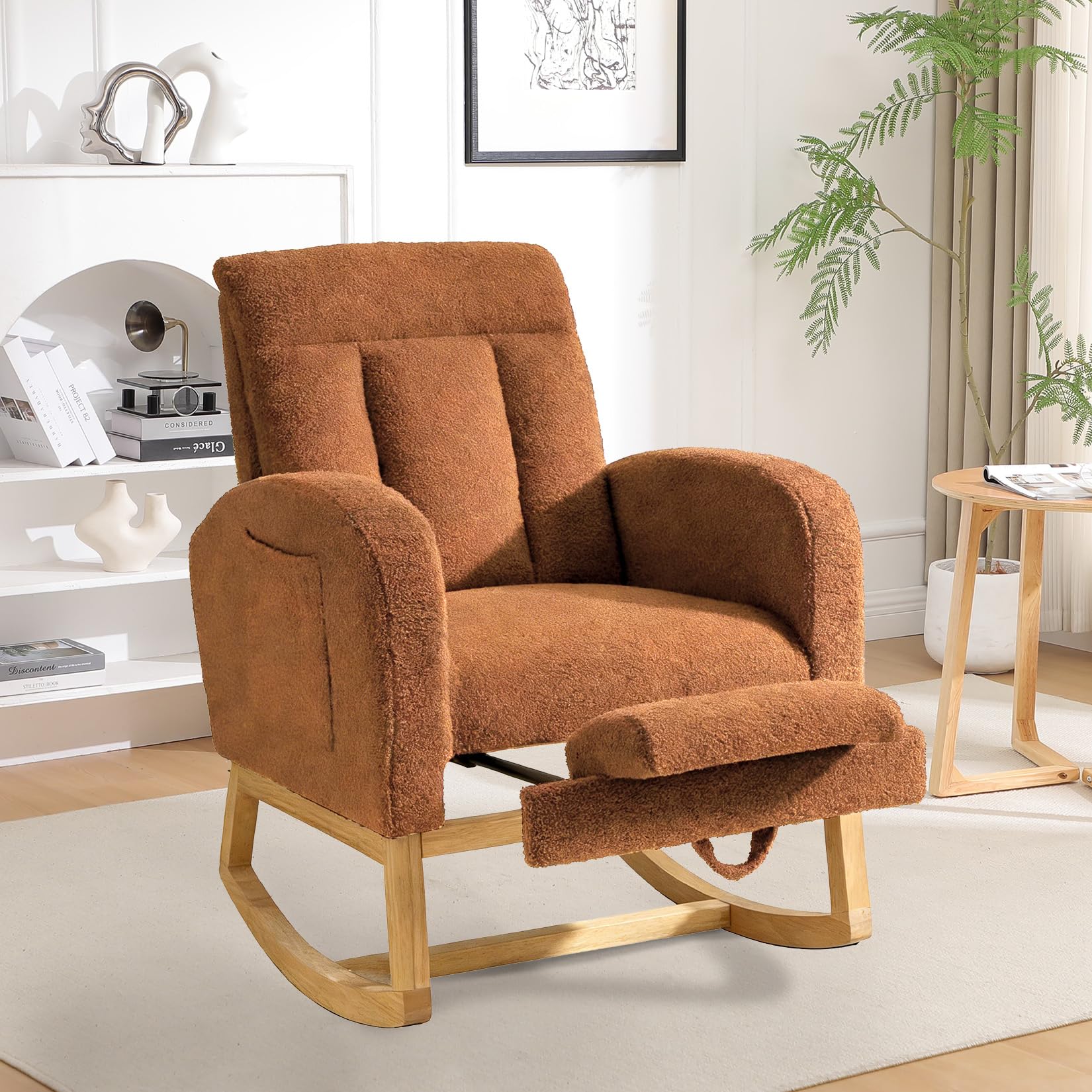 RBFGYIOP Comfort Nursery Rocking Chair with Adjustable Footrest – Ergonomic Glider Rocker for Breastfeeding, Soft Teddy Fleece Upholstery, Deep Cushioning for Ultimate Relaxation