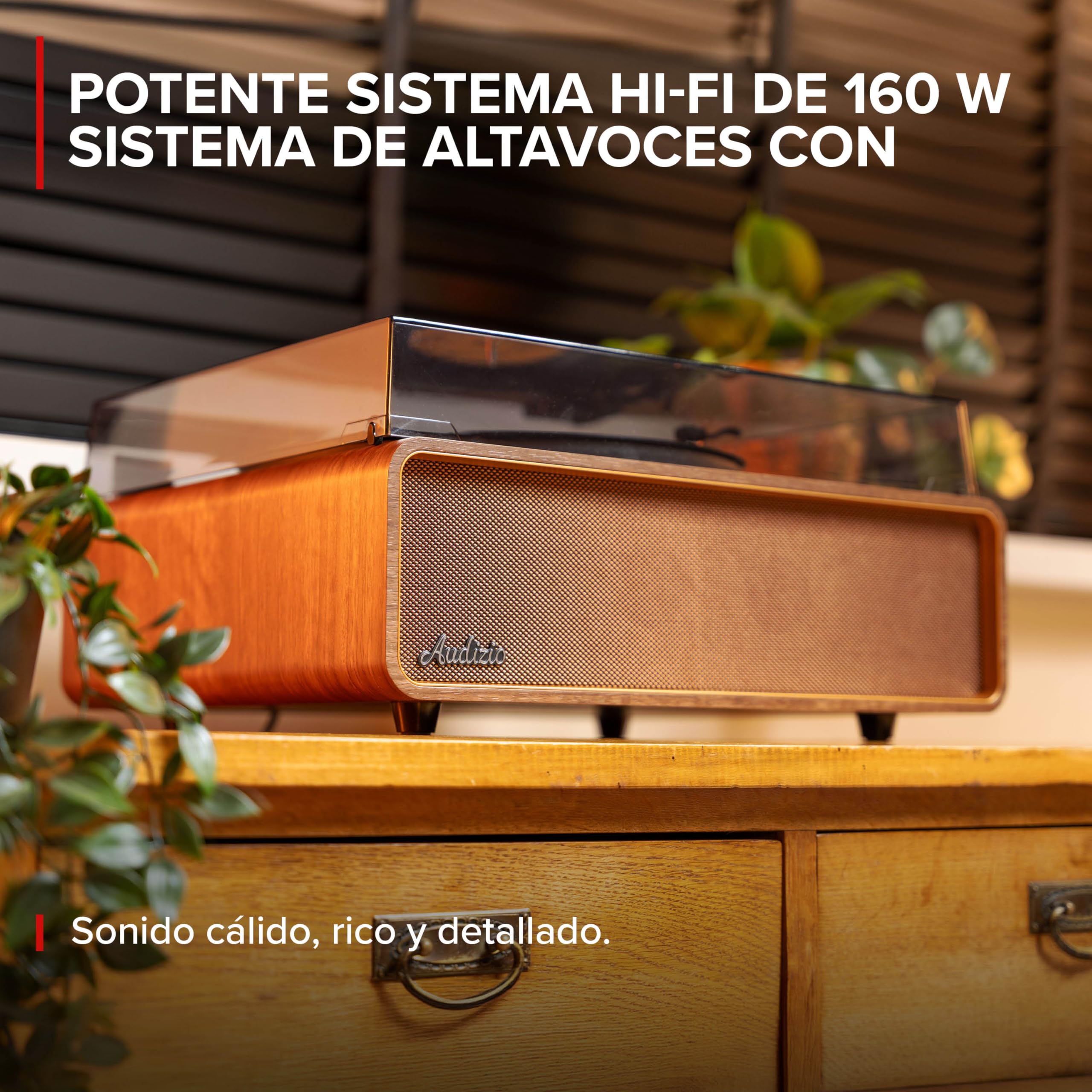 Audizio Laredo – Tocadiscos de Vinilo Bluetooth con Altavoces HiFi 160W, cápsula Audio Technica, Gira Discos con Plato de 29 cm, giradiscos Vinilo con RCA y BT in/out, Acabado en Madera