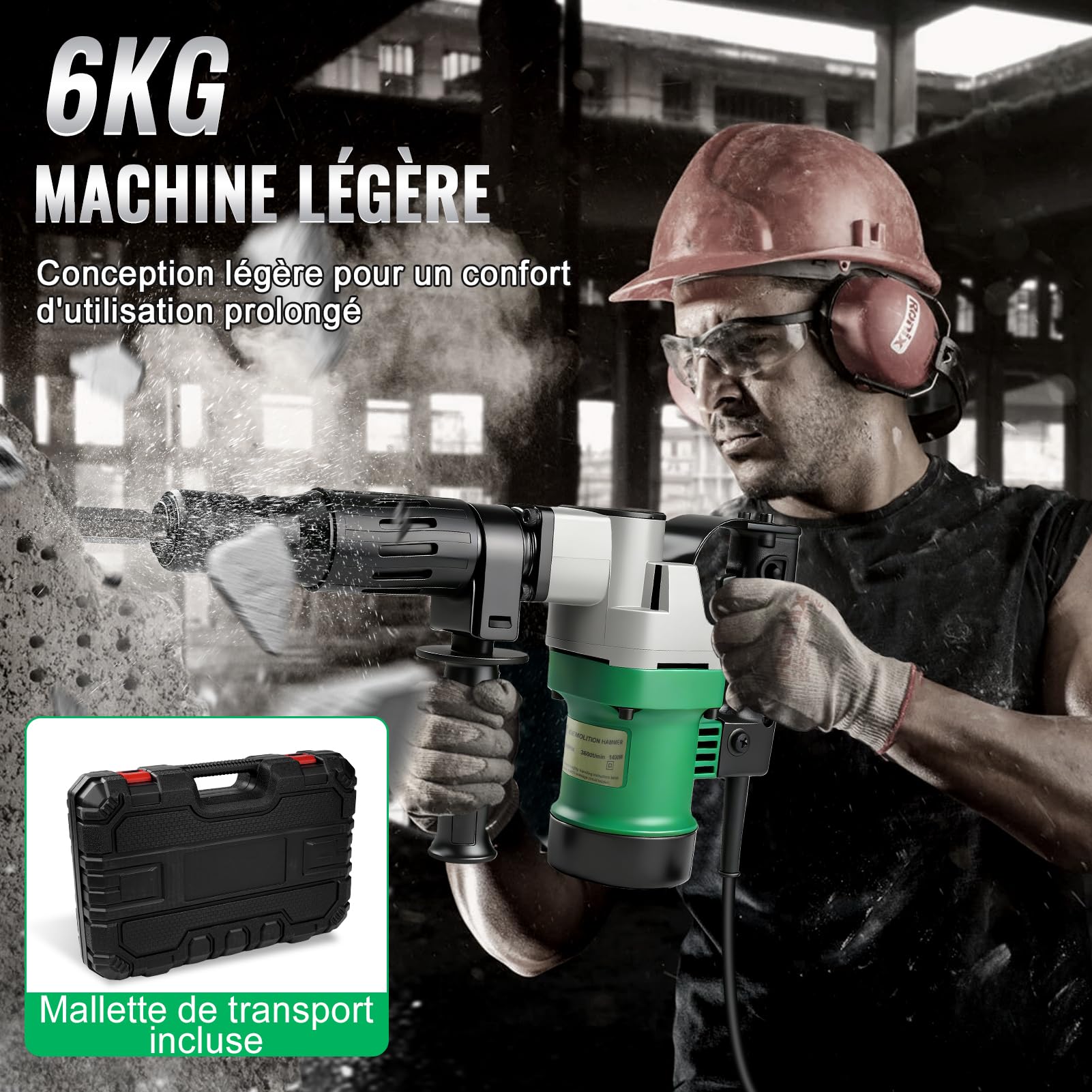 Marteau Piqueur, 1400W 30 Joules Marteau Piqueur De DéMolition Marteau Perforateur Burineur Electrique Avec Burin Pointu Et Burin Plat,Anti-Vibration PoignéE Rotative 360° Pour Brise-BéTon
