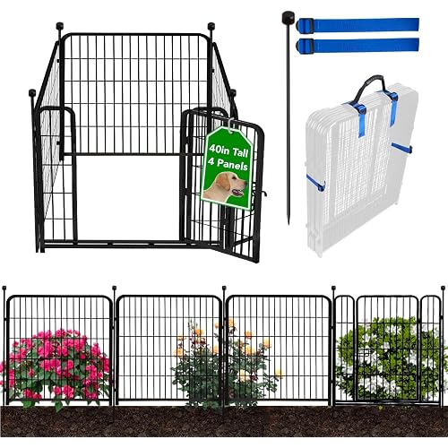 ADAVIN Dog Playpen with Low Threshold Door, 40 inch 4 Panels Total 8.9 Ft(L) Garden Fence, Dog Fence Outdoor for Yard, Black Metal Portable Pet Playpen for Large Medium Small Dogs, Dog Fencing