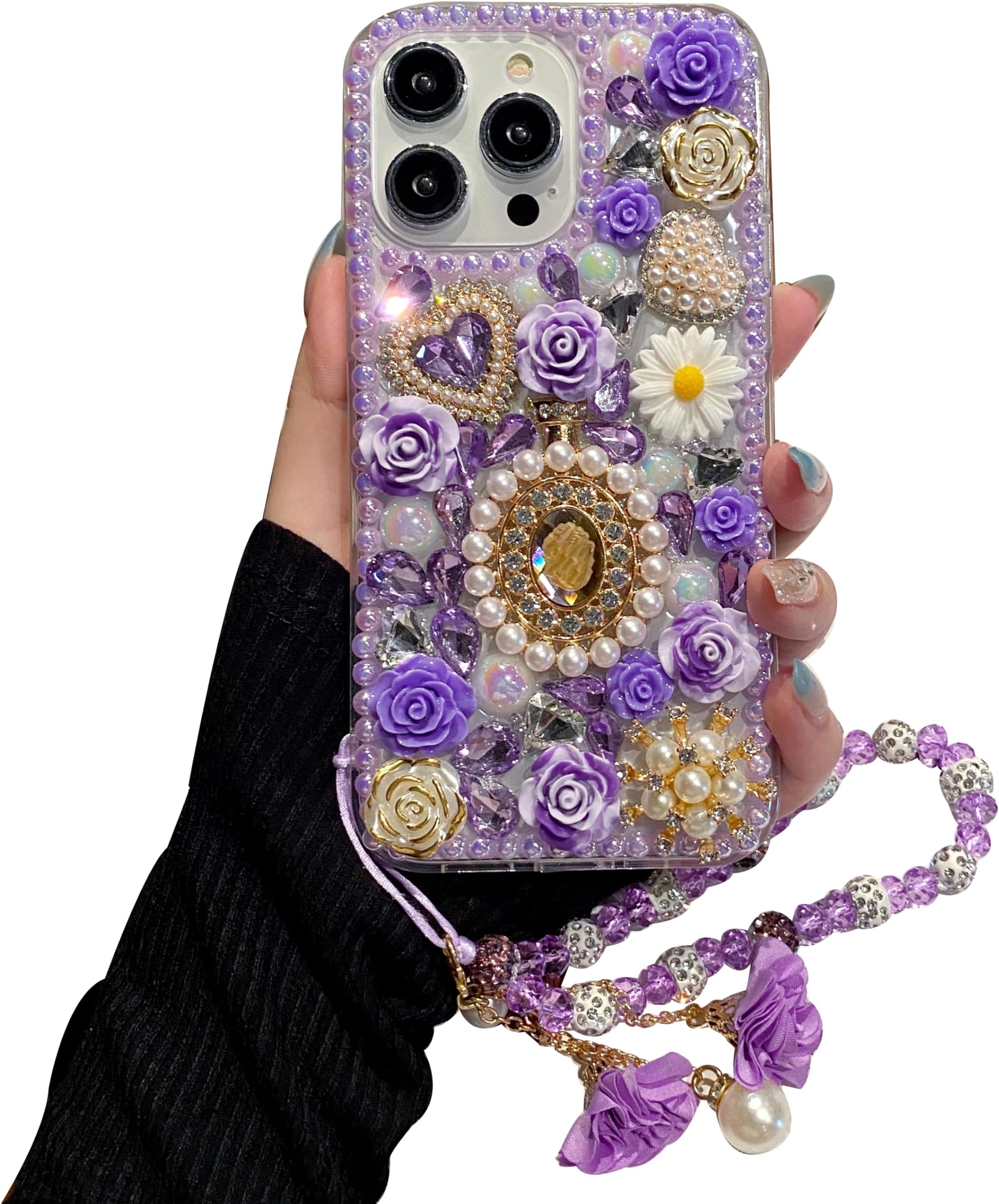 iFiLOVE for iPhone 11 Pro Max Bling Diamond Case with Flower Strap, 3D Luxury Sparkle Glitter Crystal Rhinestone Pearl Love Rose Wristband Bracelet Case Cover for Girls Women Kids (Purple)