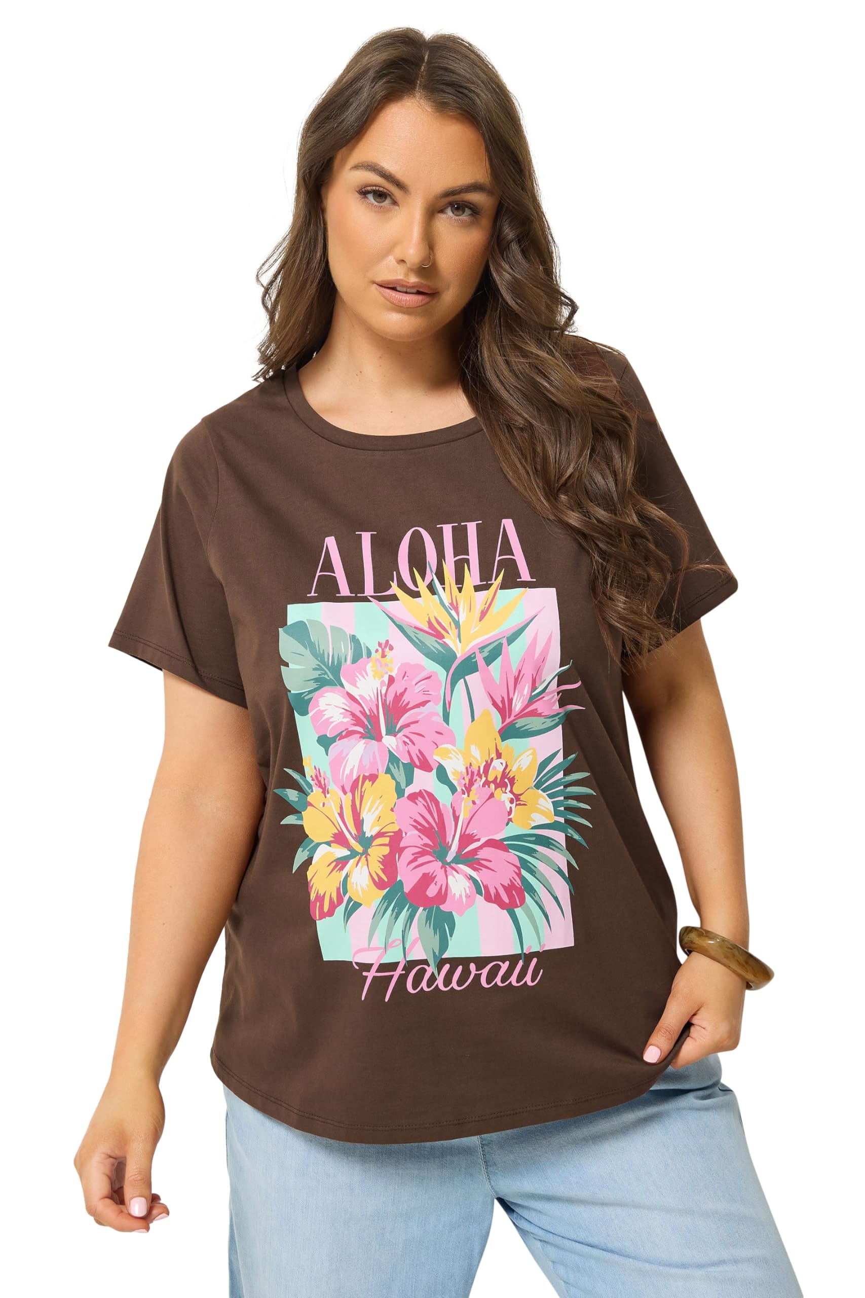 Yours Women's Chocolate 'Aloha Hawaii' Graphic T-Shirt In | : 22/24
