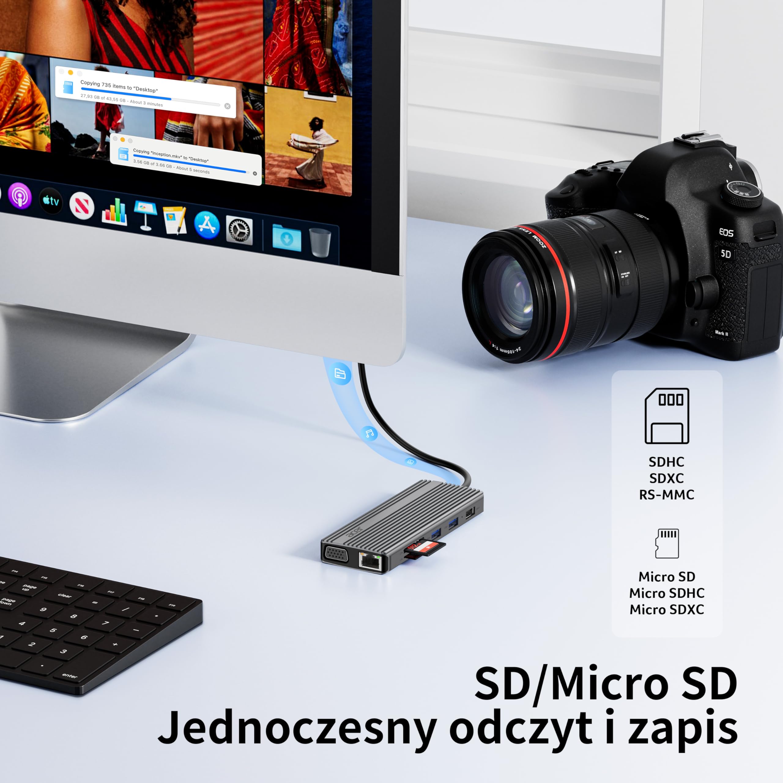 Acer Stacja dokująca USB C 11 w 1 z HDMI 4K@60Hz, 2x10Gbps, Ethernet 1Gbps | HUB USB C z 2×USB C 3.2 i 2×5Gbps USB-A, PD 100W, VGA 1080P, Adapter SD/TF Multiport do Komputera PC i Laptopa (20cm)