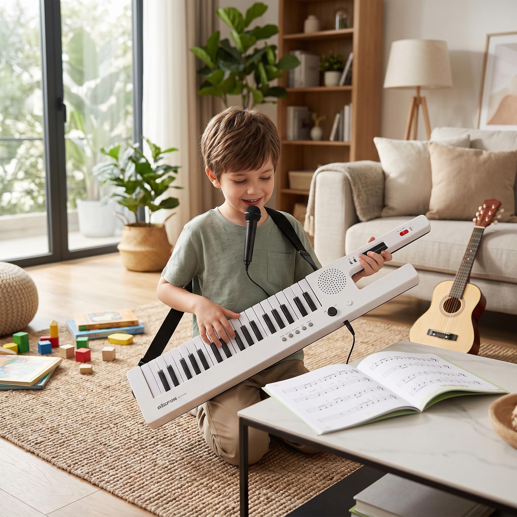 Eujgoov 37-klawiszowa klawiatura elektroniczna, przenośna klawiatura gitarowa, pianino elektroniczne, mini klawiatura, instrument muzyczny (BF-3755 biała)
