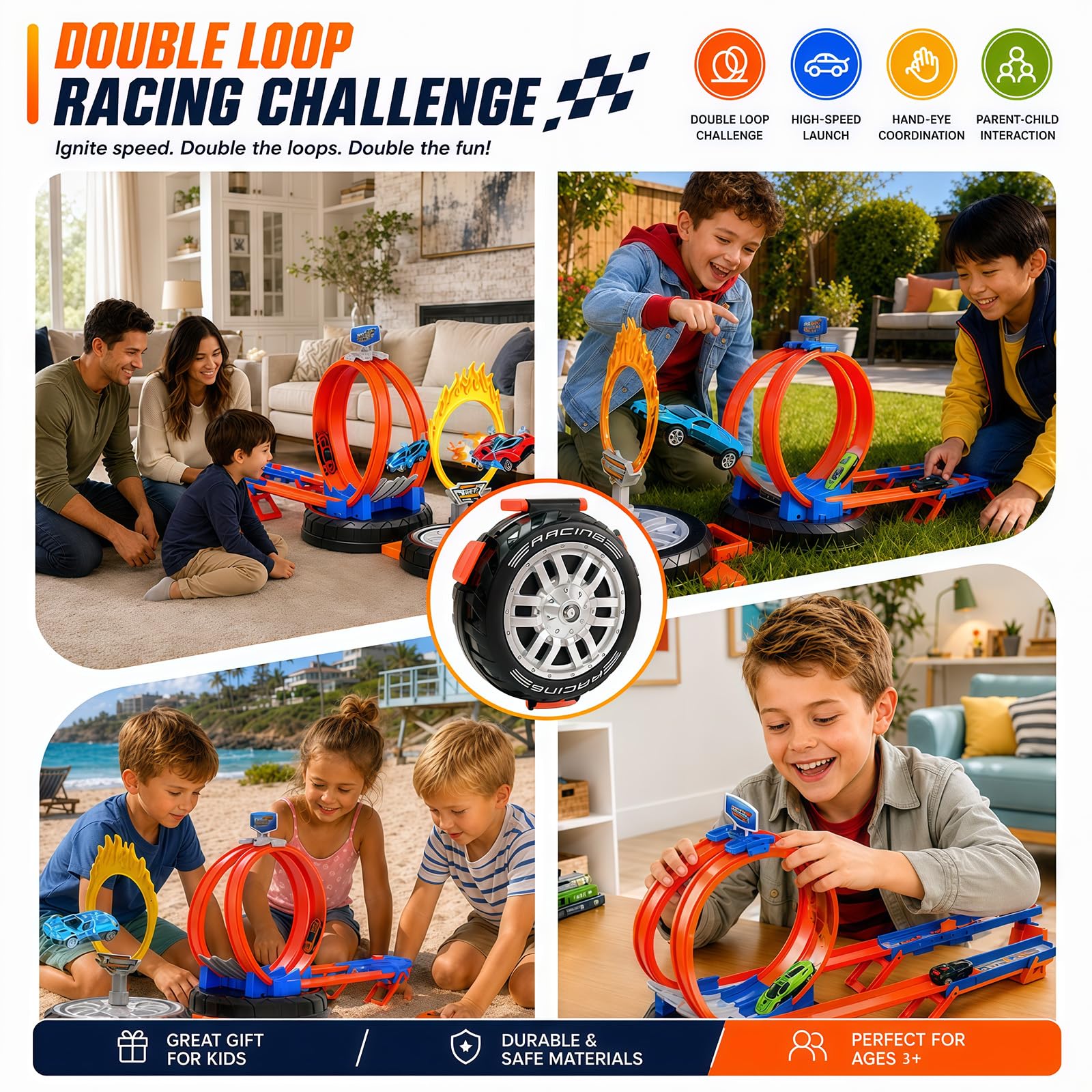 Circuit Voiture Enfant, Garage Voiture Enfants, Set de Voiture Jouet avec 6 Petites Voitures Enfant, Voiture Enfant 3 Ans, Jouet de Piste de Course avec Rangement en Forme de Pneu