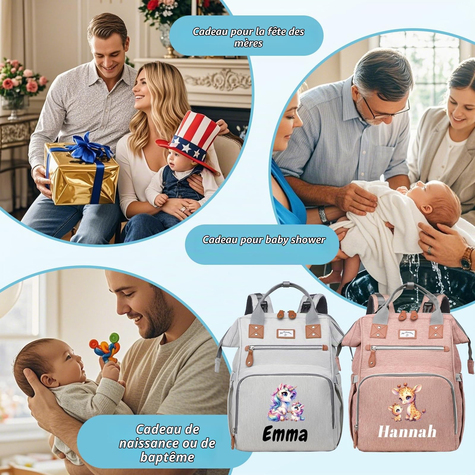 Sac à Langer Personnalisé avec Animaux et Prénom | Sac à Dos pour Bébé Garçon et Fille | Cadeau pour Nouveaux Parents, Baptême, 1er Jour des Mères