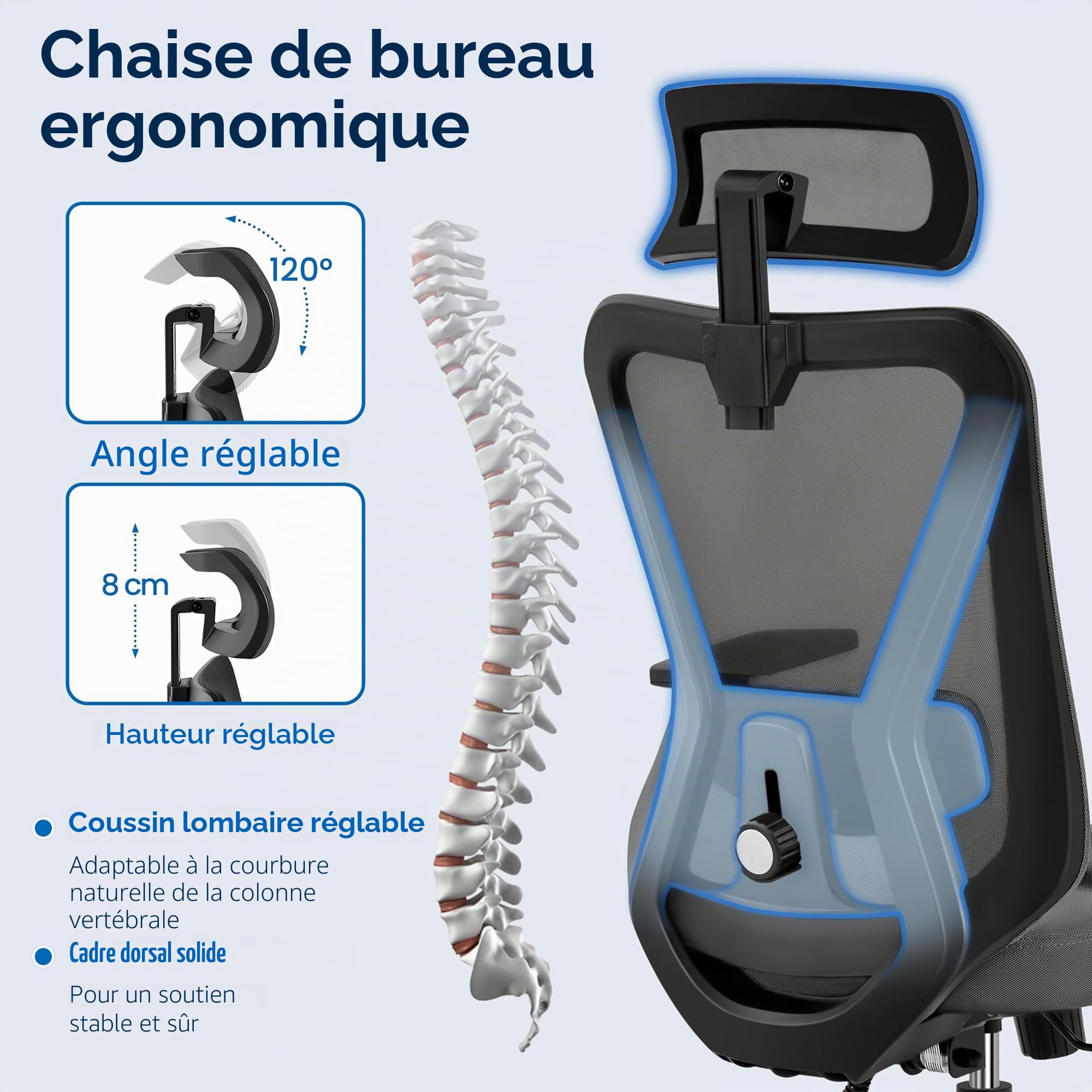 Yaheetech Chaise de Bureau Ergonomique avec Appui-tête, Accoudoirs Ajustables, Soutien Lombaire et Hauteur d'Assise Réglable Chaise Pivotante et Fonction Basculante Noir