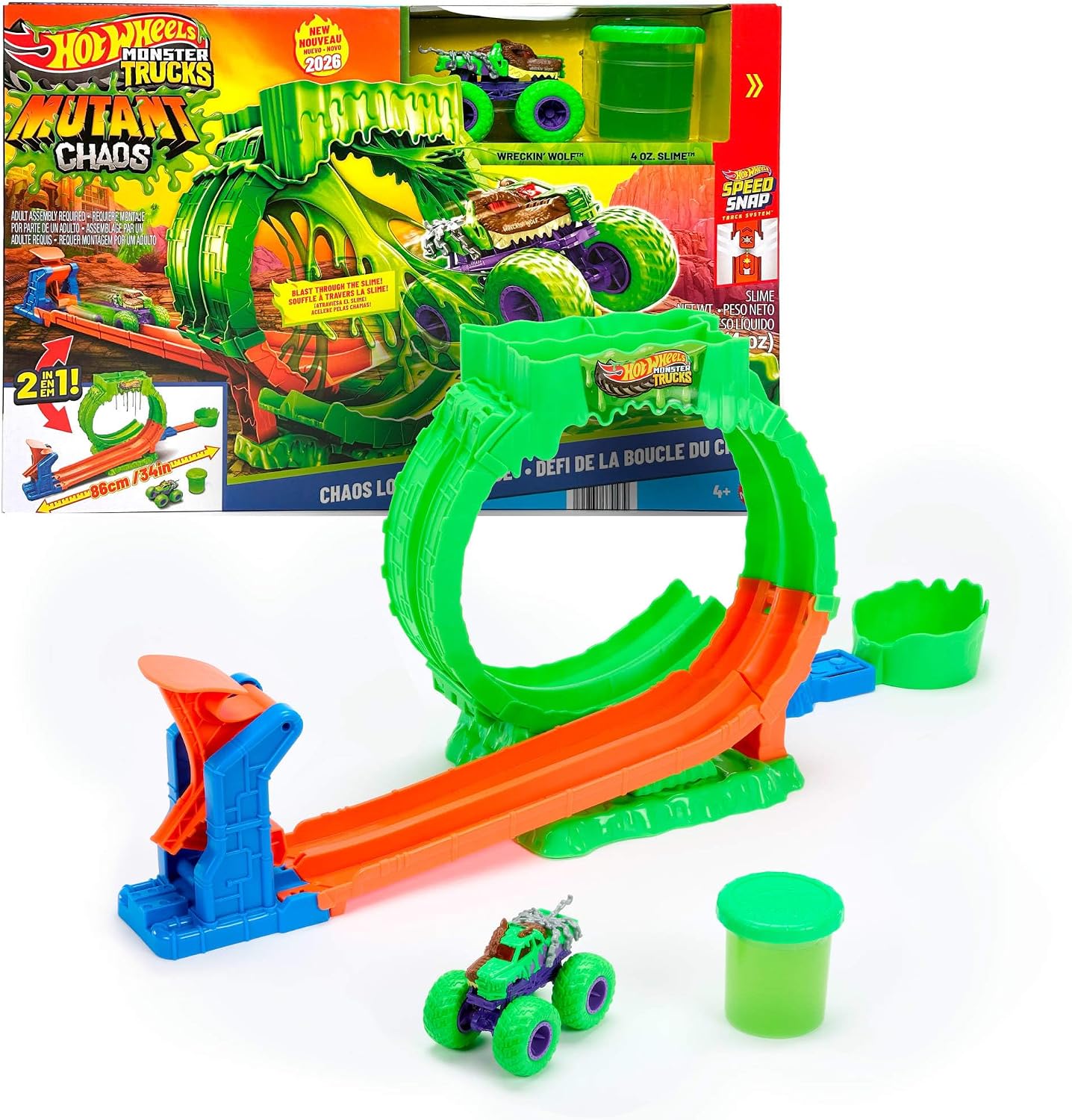 Hot Wheels Monster Trucks Mutant Kaosu Çemberde Yarış Oyun Seti, 1:64 ölçekli Wreckin' Wolf, 110 gramlık Slime, 2 oynama şekli, JMK91