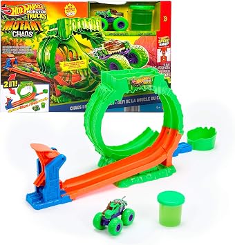 Hot Wheels Monster Trucks Mutant Kaosu Çemberde Yarış Oyun Seti, 1:64 ölçekli Wreckin' Wolf, 110 gramlık Slime, 2 oynama şekli, JMK91