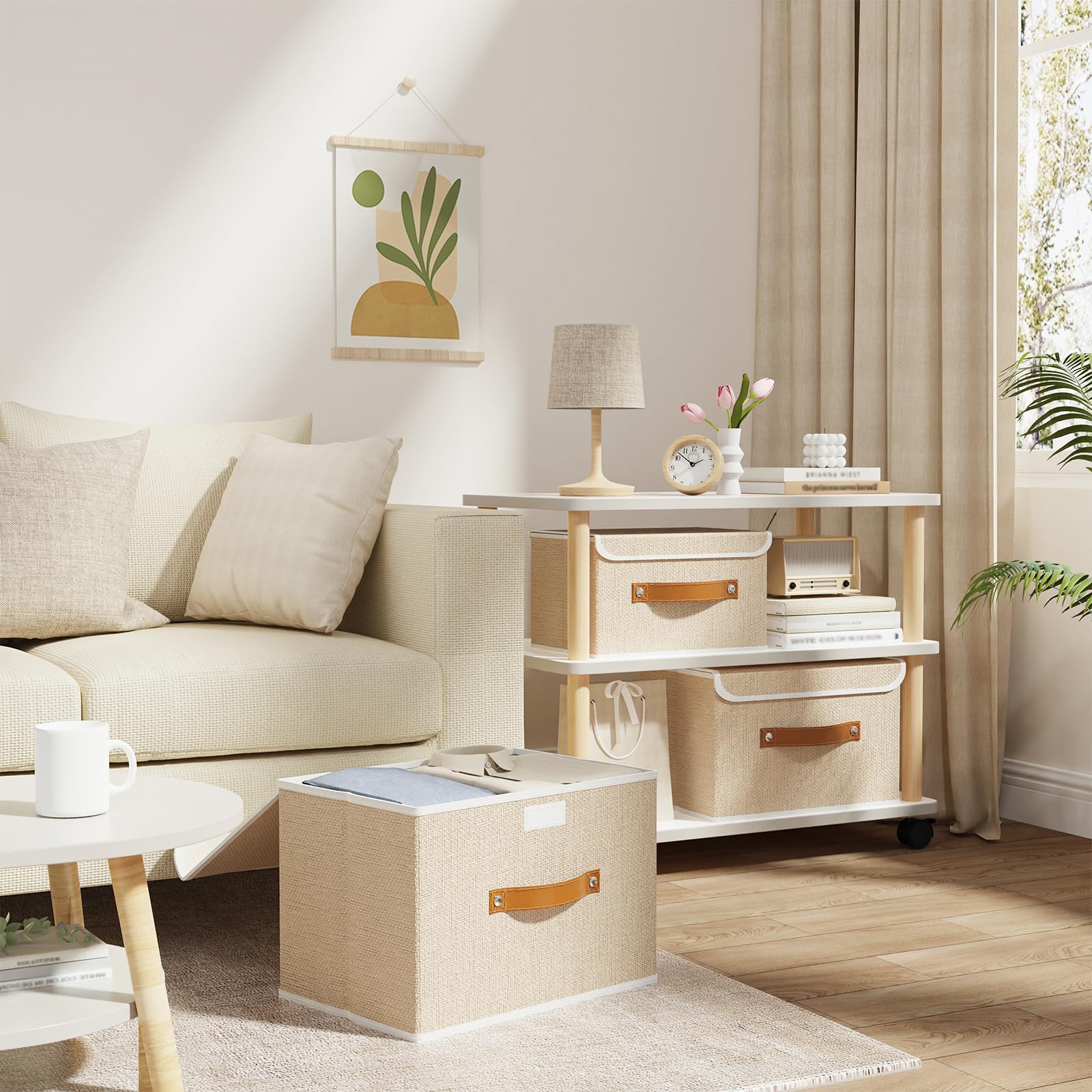 OUTBROS 3 Set Scatole Portaoggetti, 38x25x25cm Cubi Scaffale Cesto, Beige | Contenitori per Armadio tessuto con Coperchio, Cassettiera pieghevole adatta con Manici per Indumenti