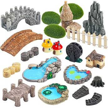 QUOZUO 21-Piece Fairy Garden Miniatures Accessory Set Bridge House Landscape Water Fountain Fence Figures Pond Mushroom Lawn Garden Ornament for DIY Crafts Succulent Decor