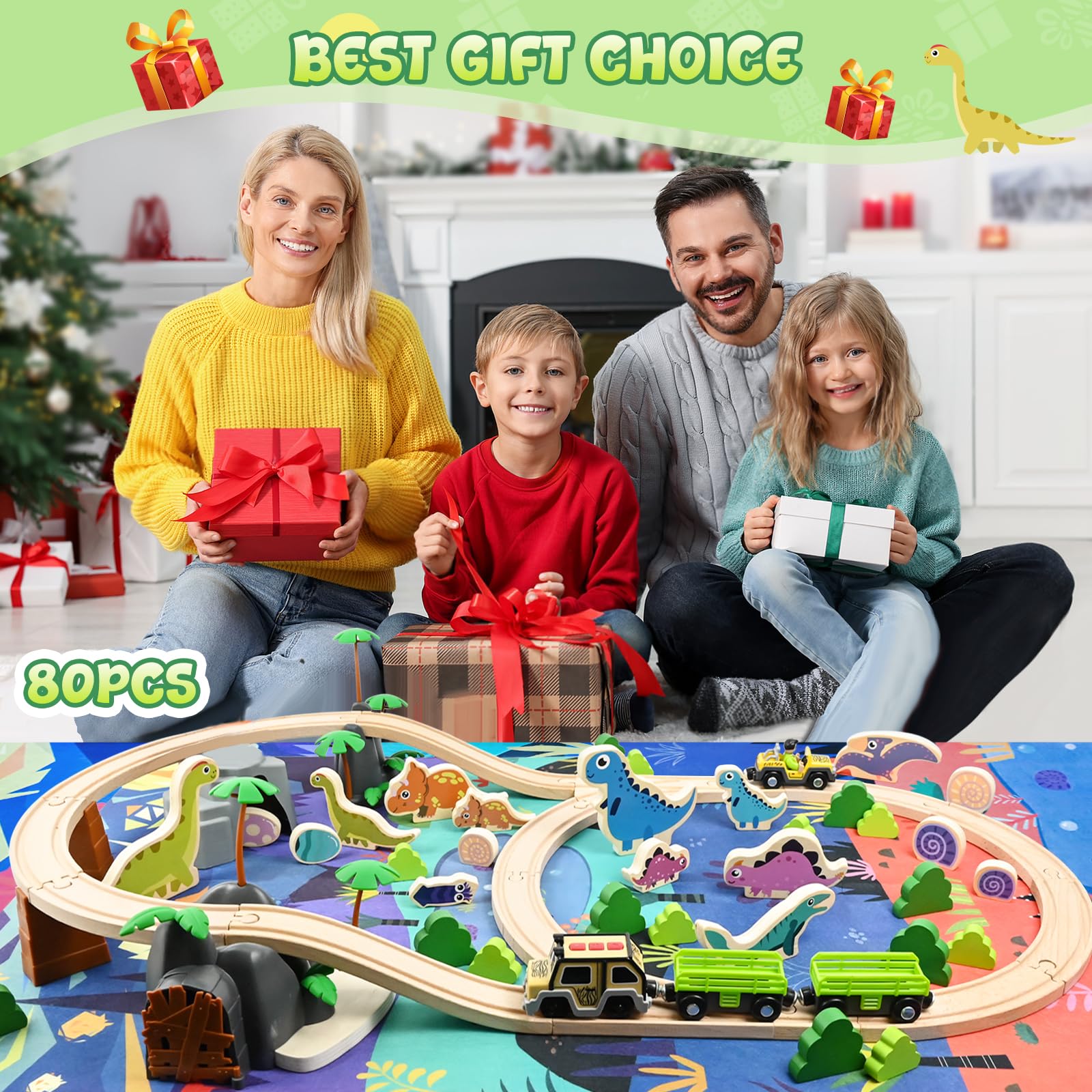 Joellfuner 80 Pièces Ensemble de Trains en Bois, Jouet de Dinosaure Train avec Trains Touristique et Accessoires pour Dinosaures, Circuit Train en Bois Enfant Compatible avec Thomas, Brio et Hape