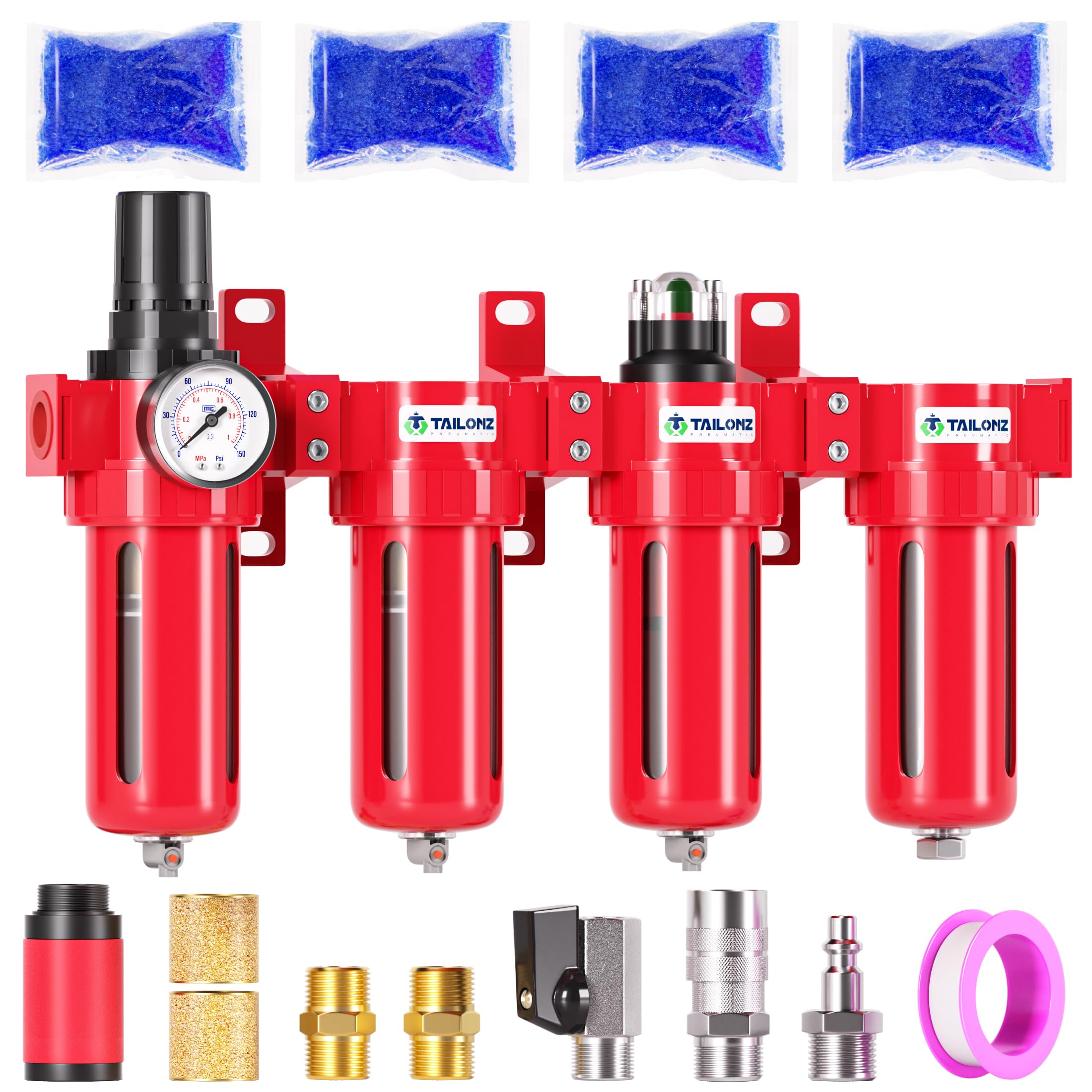 TAILONZ PNEUMATIC 3/8 Inch NPT 0-150 PSI Red Industrial Grade 4 Stage Air Drying System, Double Particulate Filter, Coalescing Filte,Desiccant Dryer