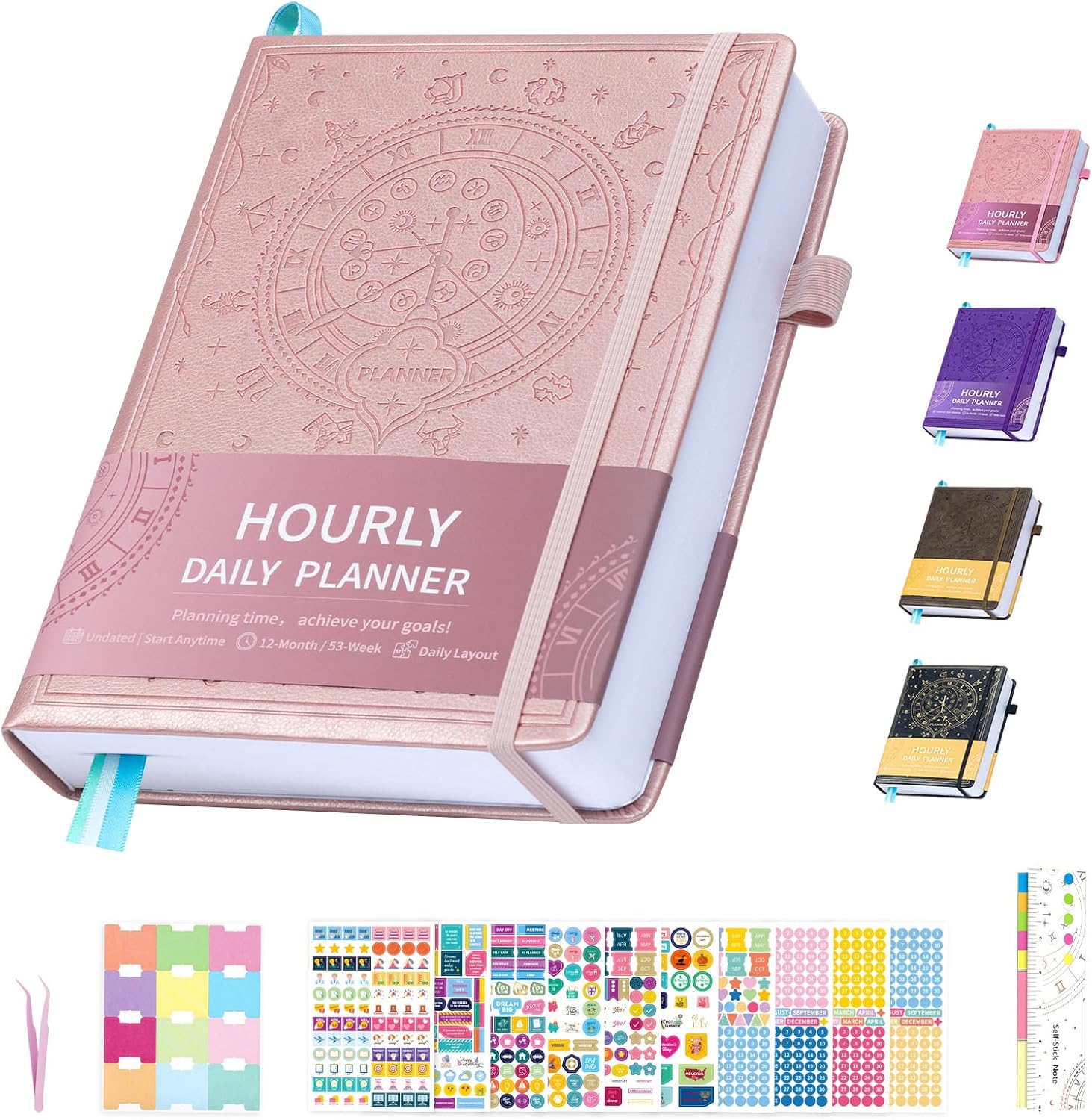 Undated 12 Month Planner Hardcover (5.5x8.5") - Weekly & Monthly Academic Life Organizer, Productivity Journal, Thick Paper, Sticker, Bookmark, Pen Loop(Rose Gold)