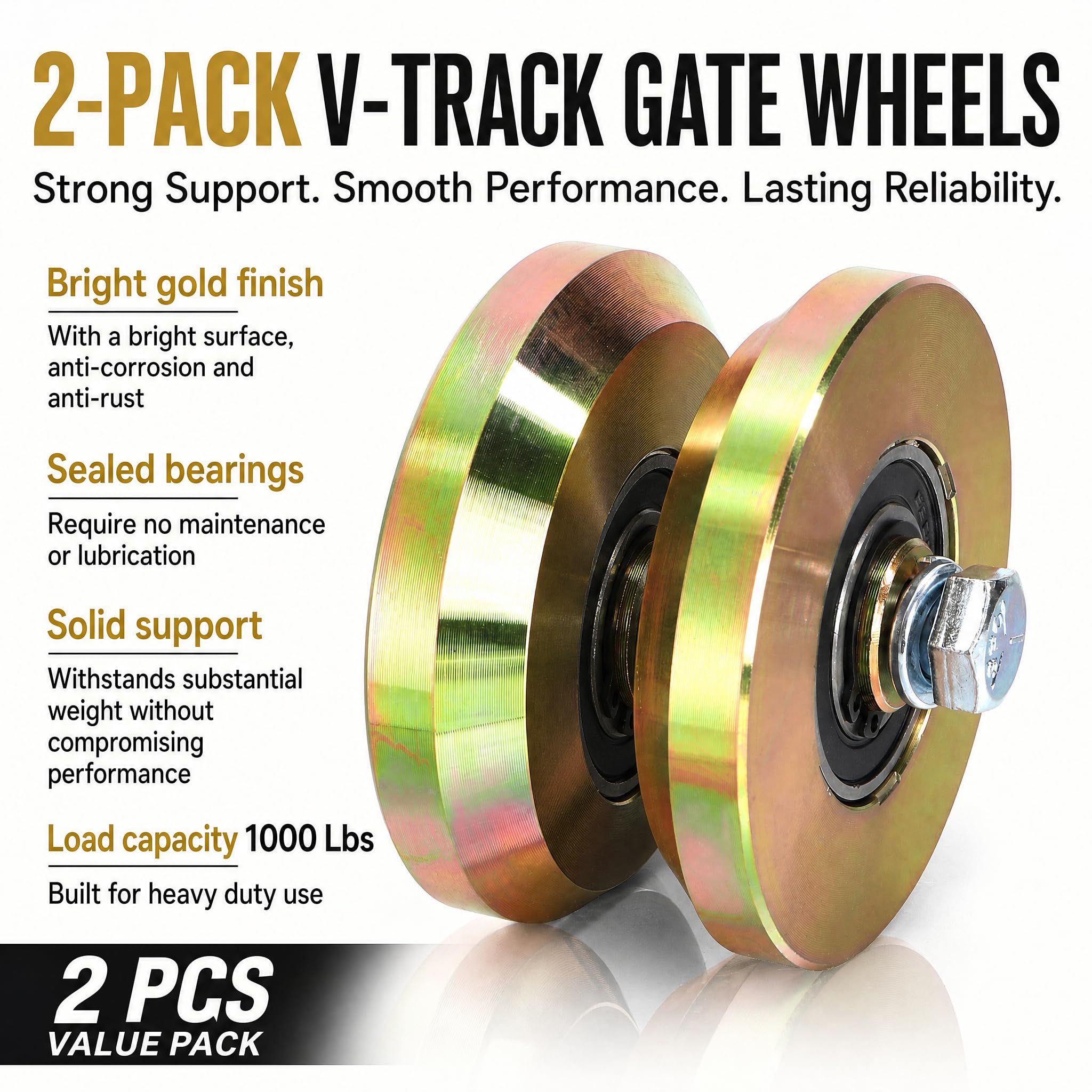 Goaste 2 Pack 4" Solid Slide V Groove Wheels, Heavy Duty Sliding Gate Casters, 1-3/4" Width Rolling Gate Wheels with Screw & Double Bearings for Industrial Machines Rail, Load Capacity 1000 Lbs — Amazon image 3