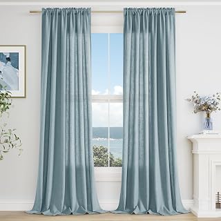 Guken Linen Curtains 96 Inch Long for Living Room Rod Pocket Blue 2 Panels